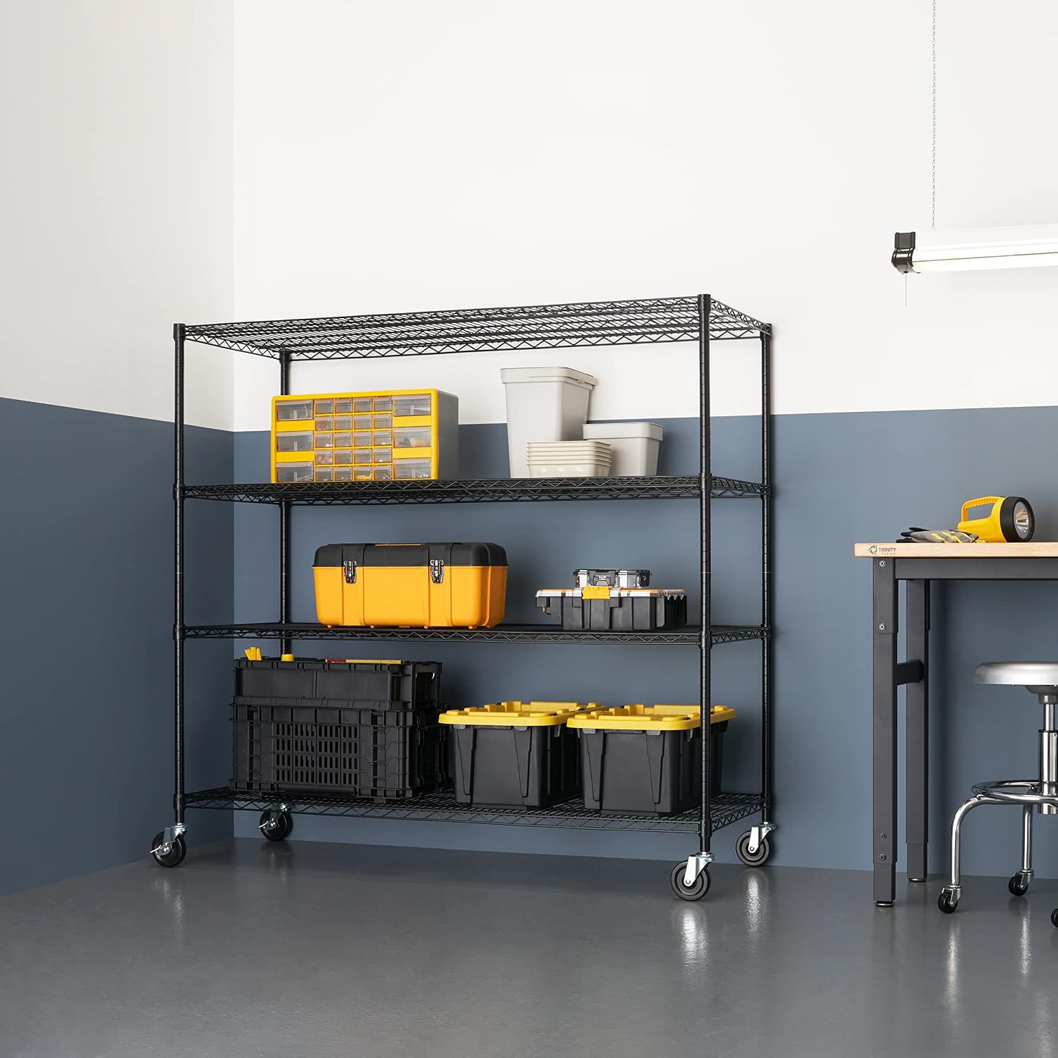 Trinity Basics 4-Tier Adjustable Wire Shelving with Wheels for Kitchen Organization, Garage Storage, Laundry Room, NSF Certified, 600 to 1800 Pound Capacity, 60' by 24' by 54', Black