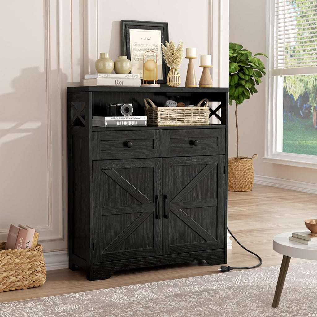 FiveWillowise 31.5' Black Storage Cabinet with Drawers and Shelf, Farmhouse Sideboard Buffet with Storage, Kitchen Pantry Hutch, Coffee Bar Cabinet Station Table for Kitchen, Living, Dining Room
