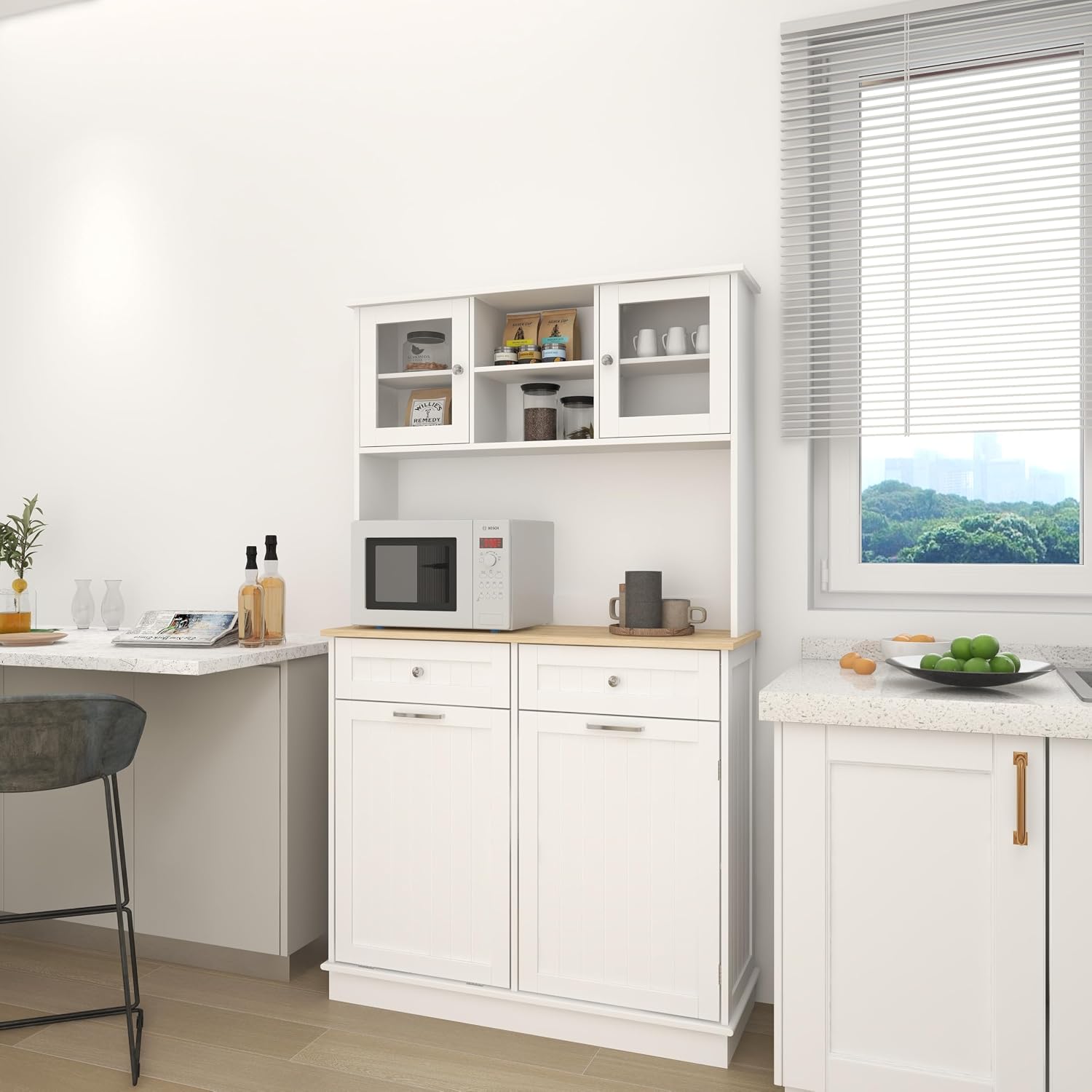 68' Tilt-Out Trash Freestanding Storage Cabinet, Kitchen Storage Bakers Rack with 3 Shelves, Utility Food Cupboard for Home/Kitchen, White