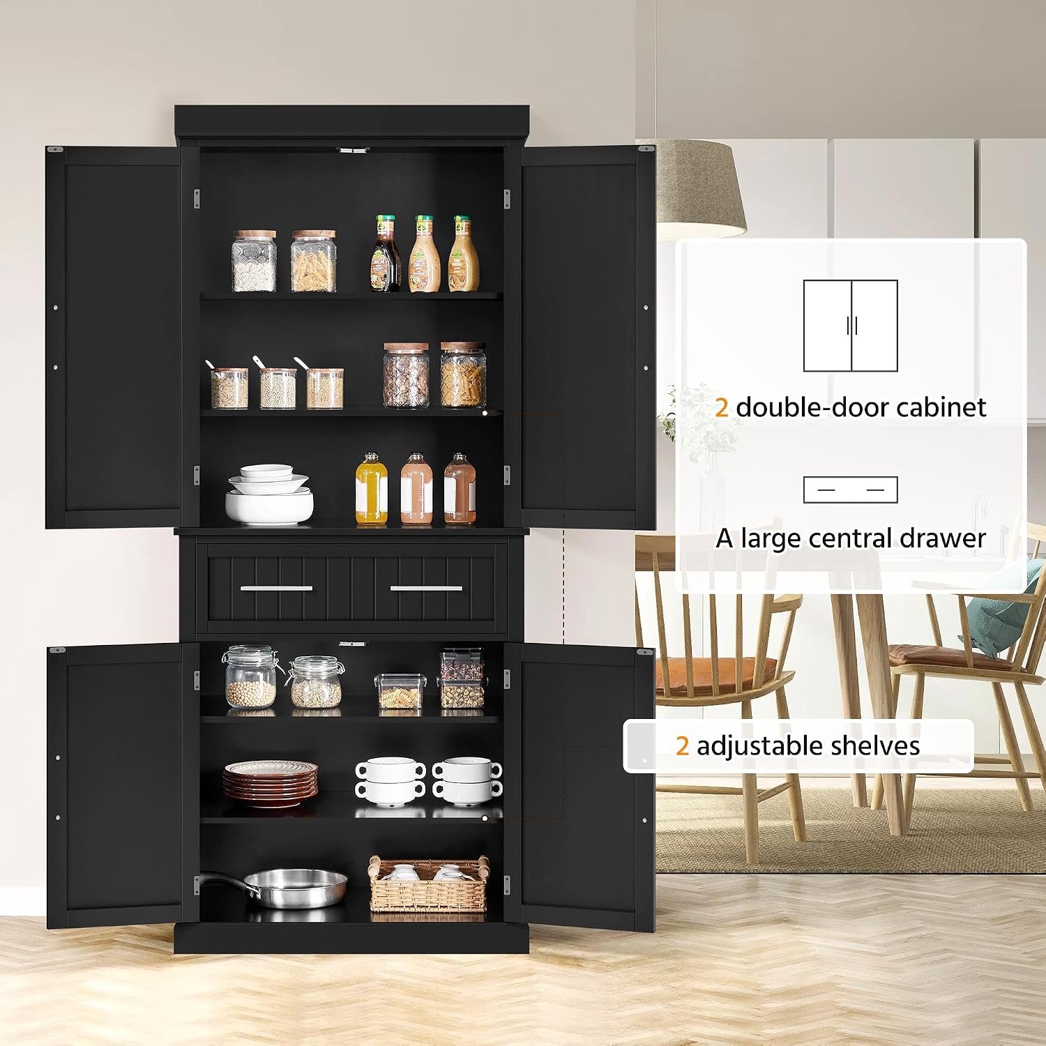 Yaheetech Kitchen Pantry Storage Cabinet with Drawer, Freestanding Pantry Cabinets with 2 Adjustable Shelves, 72.5' Tall Storage Cupboard for Kitchen/Dining Room/Bathroom/Hallway, Black