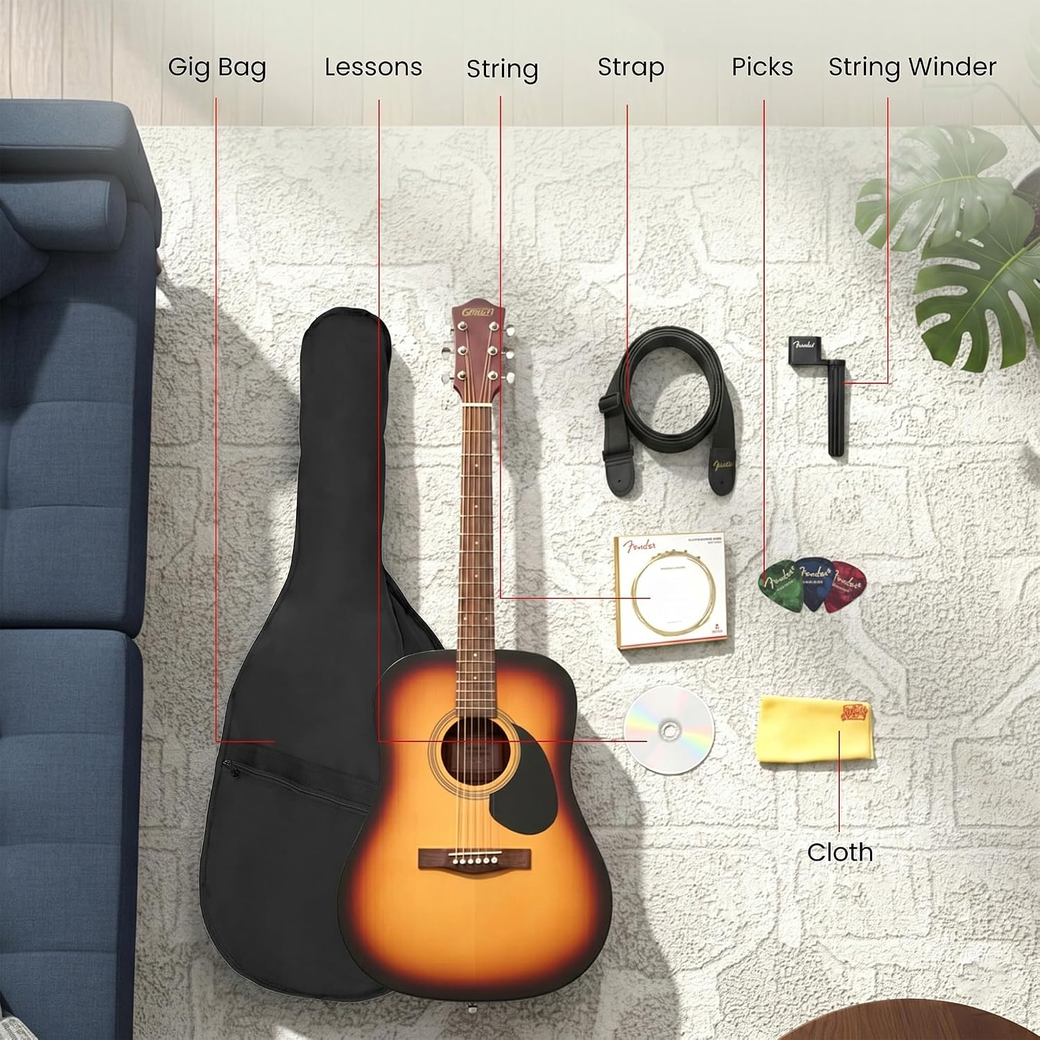 Gretsch Prelude D100 Dreadnought Acoustic Guitar - Sunburst Bundle with Gig Bag, Strap, Strings, String Winder, Picks, Austin Bazaar Instructional DVD, and Polishing Cloth