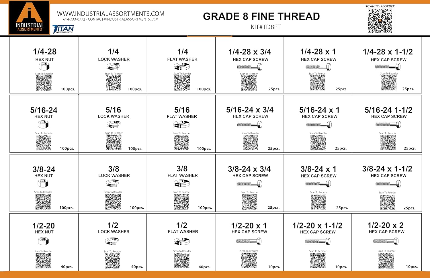 1275 Piece Plastic Bin Assortment with Hanging Panel - Grade 8 Fine Thread…