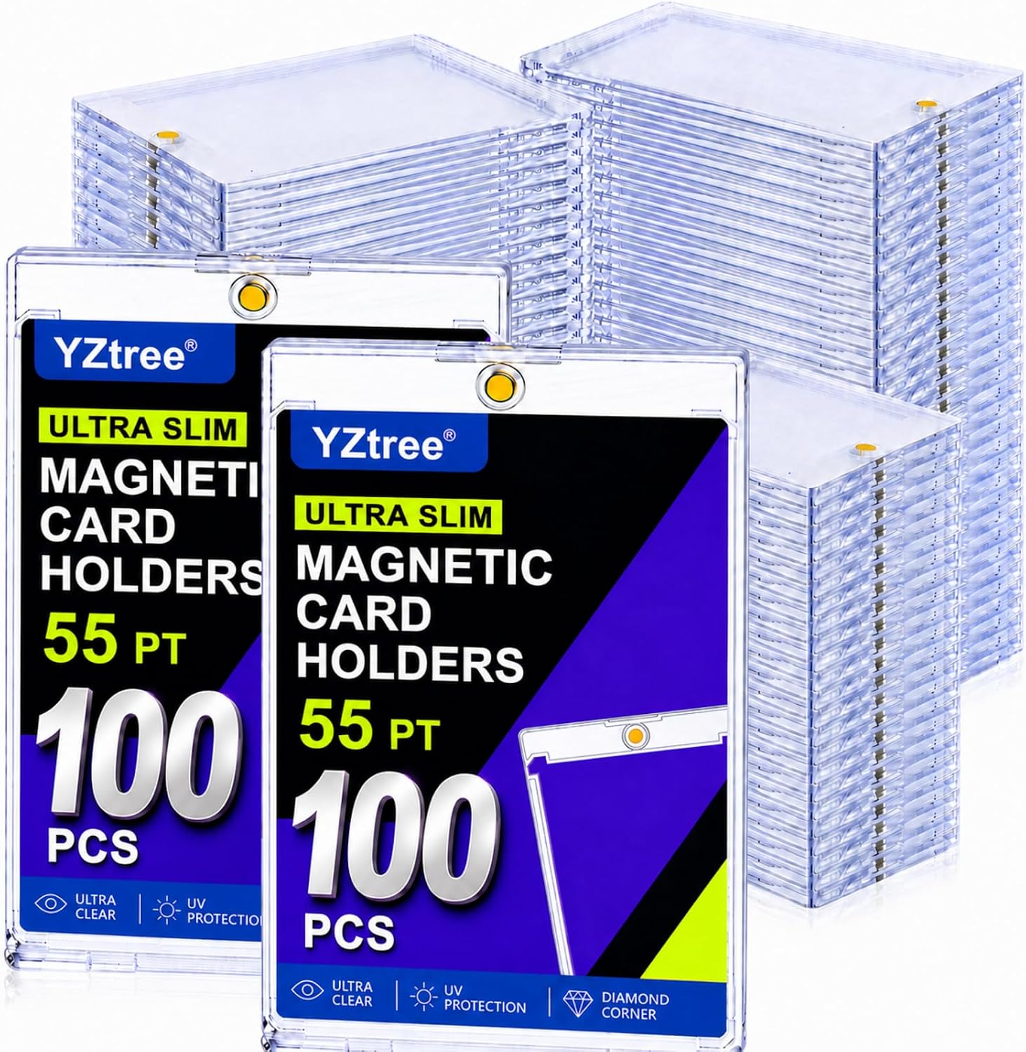 100 Pack Magnetic Card Holder 55pt: Ultra Slim Acrylic Card Case | One Touch Card Holder for Standard Trading Cards, Sports Card Holder for Baseball, Football, Game Cards, U-V Resistant