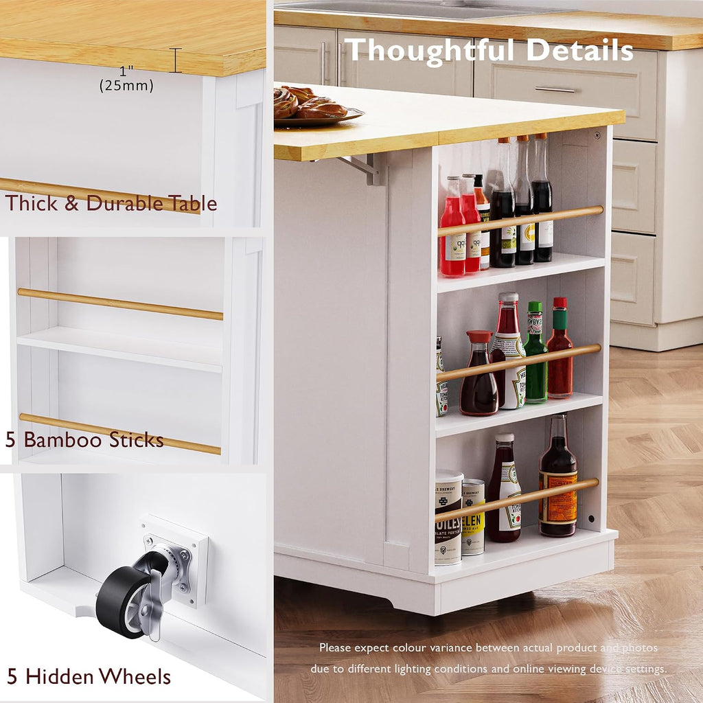 48 Inch Rolling Kitchen Island Storage Cart on 5 Wheels with Drop Leaf, Power Outlet, Door Internal Storage Rack, 5 Open Side Racks, 2 Drawers for Dining Room, Home Bar, White