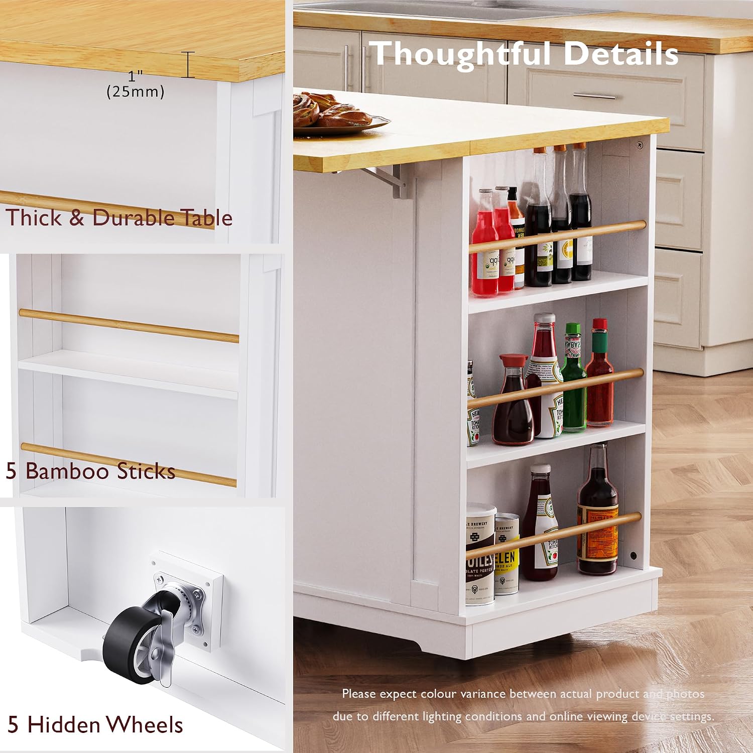 48 Inch Rolling Kitchen Island Storage Cart on 5 Wheels with Drop Leaf, Power Outlet, Door Internal Storage Rack, 5 Open Side Racks, 2 Drawers for Dining Room, Home Bar, White