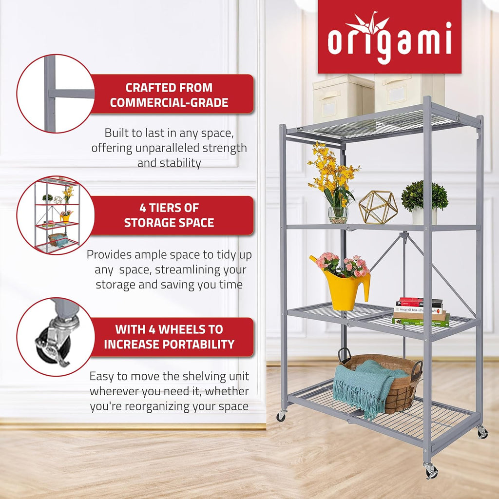 Origami 4 Tier Folding Storage Rack Unit w/Set of 4 Magnetic Wire Shelf Liners