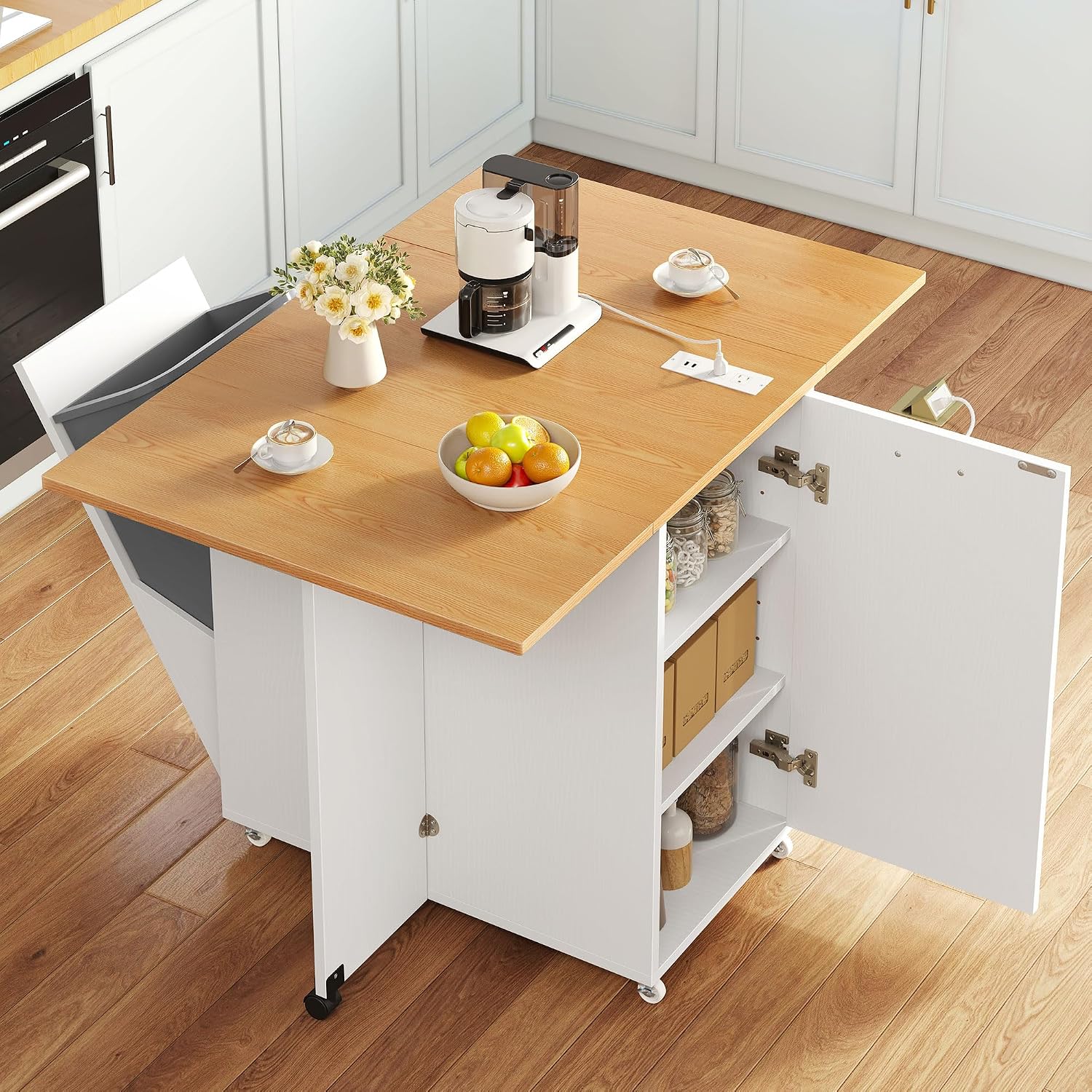 YITAHOME Kitchen Island with Drop Leaf, Folding Extendable Dining Table with Power Outlet, Space Saving Mobile Storage Islands with Trash Can Cabinet Fit 10-Gal Garbage Bin, Yellow Oak