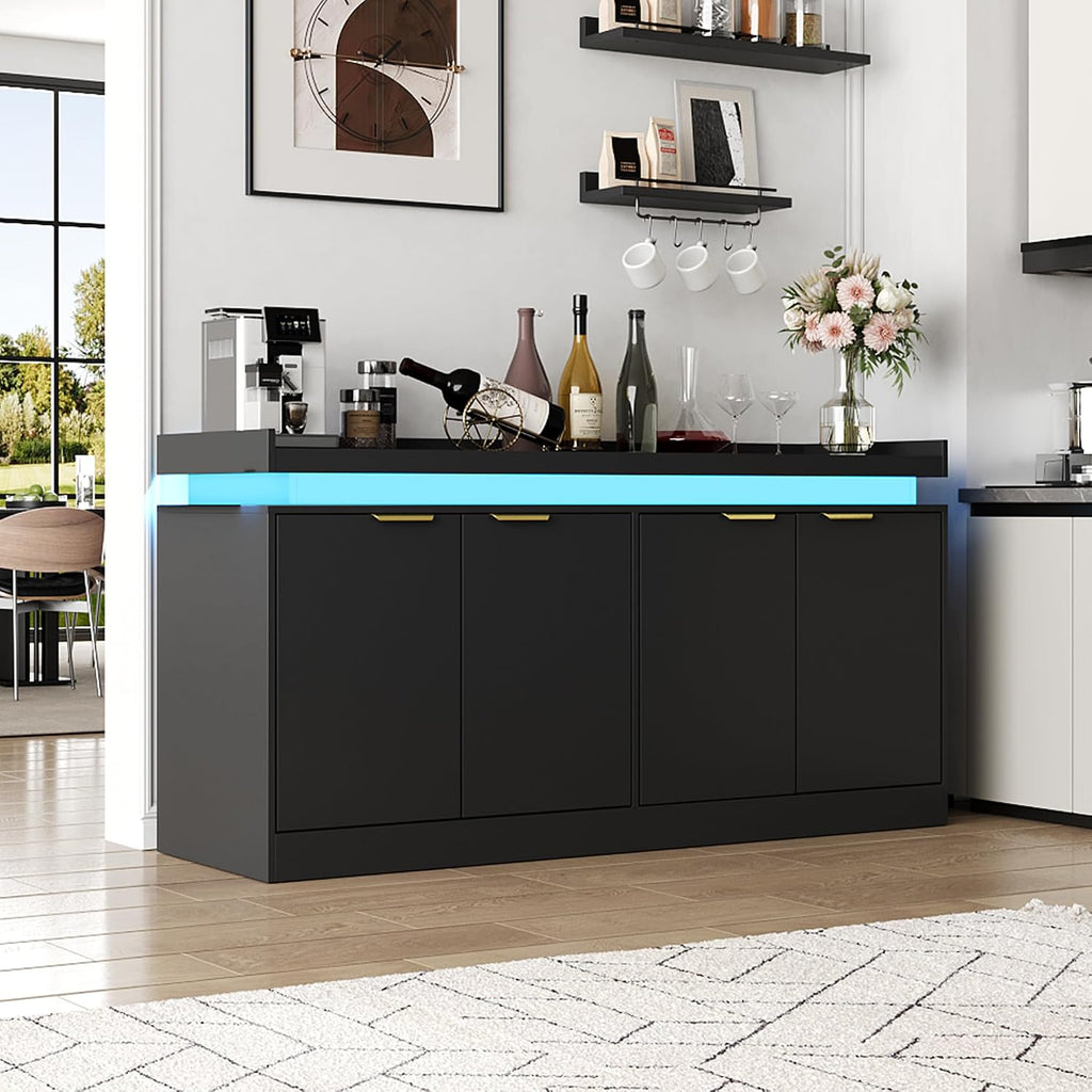 knoworld LED Sideboard Buffet Cabinet with Storage, 63'' Large Kitchen Buffet Cabinet Storage Cabinets with 4 Doors, Wood Coffee Bar Cabinets Buffet Table for Kitchen, Dining Room, Entryway