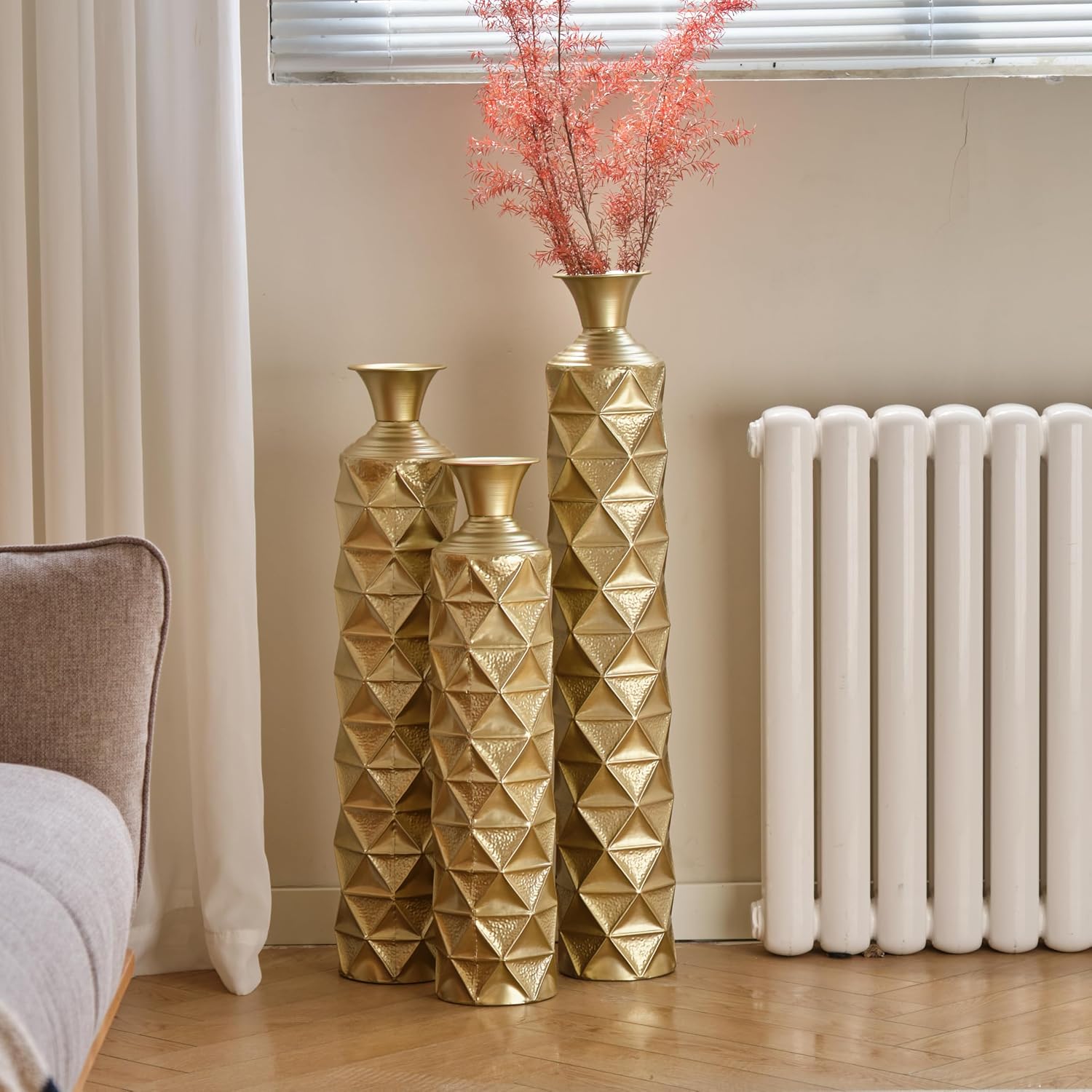 Floor Vases Decorative Tall - 33.5/29.5/25.2in Metal Extra Large Decorative Vase Set of 3, Semi-Handmade Gold-Plated Tall Floor Vase for Home Decor, Living Room Entryway Decor Dining Bedroom
