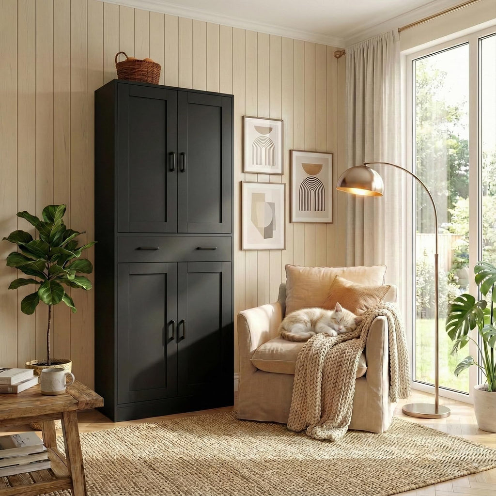 DIYART 71' Tall Kitchen Pantry Cabinet, Freestanding Food Storage Cupboard with Drawer and 4 Doors, Large Black Utility Floor Cabinet with Adjustable Shelves for Dining Room, Breakroom, Home Office