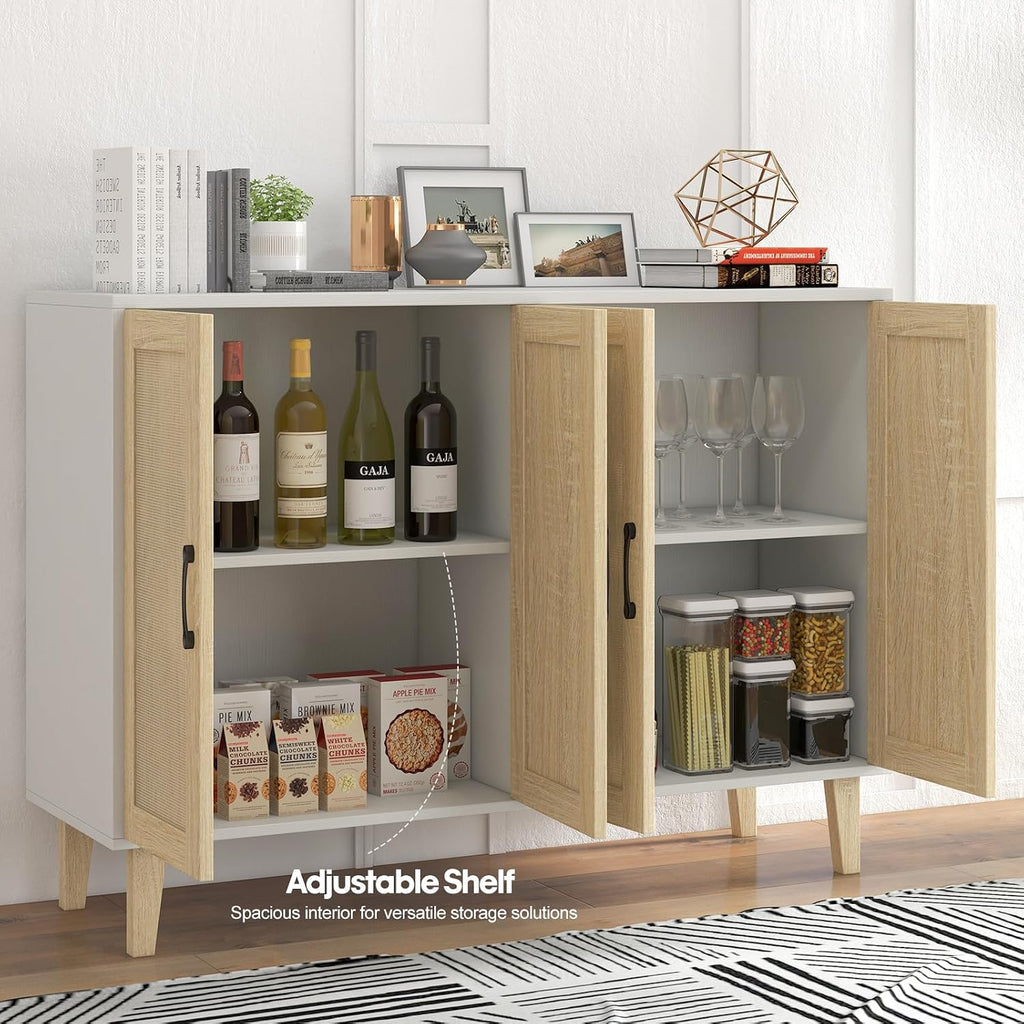 Panana Buffet Storage Cabinet with Rattan Decorating 4 Doors Living Room Kitchen Sideboard 48.43 x 34.65 x 15 inch (White)