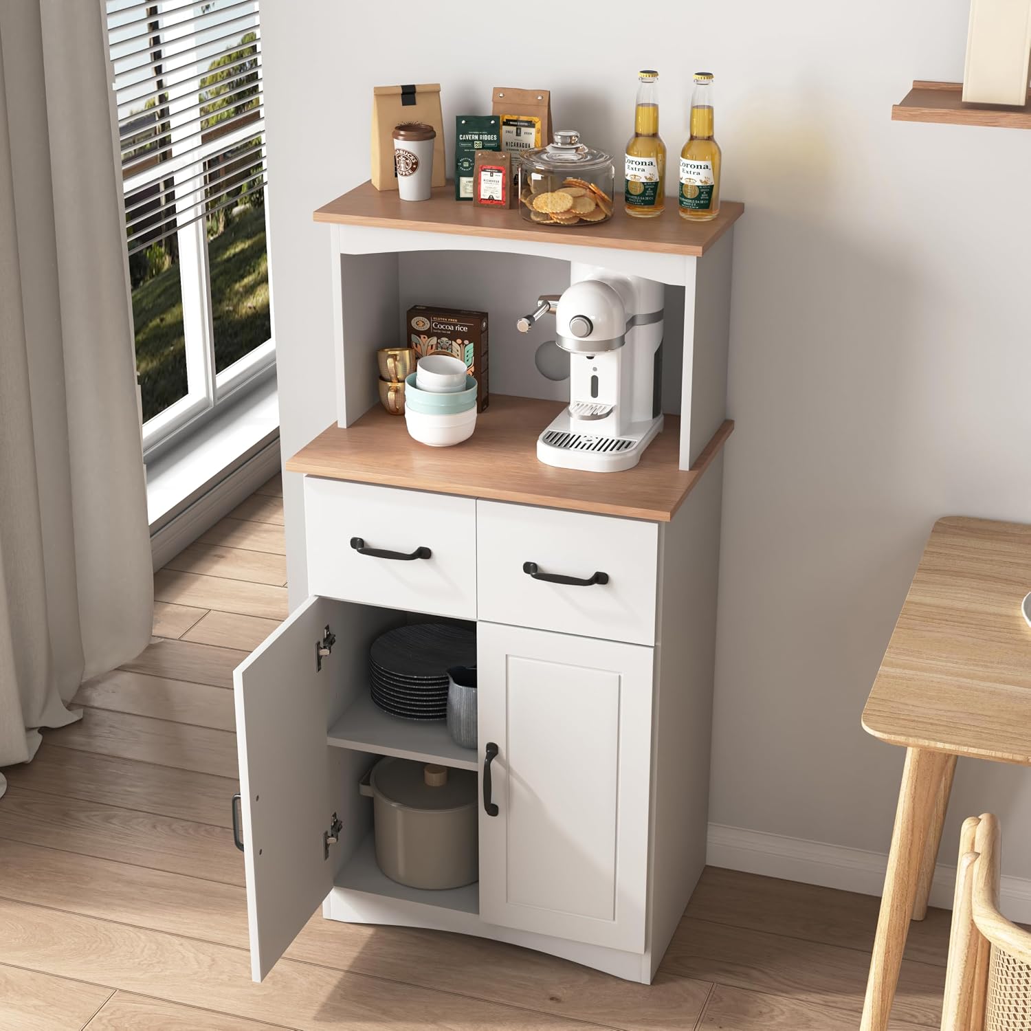 GDFStudio Wooden Kitchen Pantry Cabinet with Microwave Stand & Storage Drawer, Modern MDF Storage Cabinet with Adjustable Shelf, 2 Doors, Rectangle Home Organization Cupboard, White