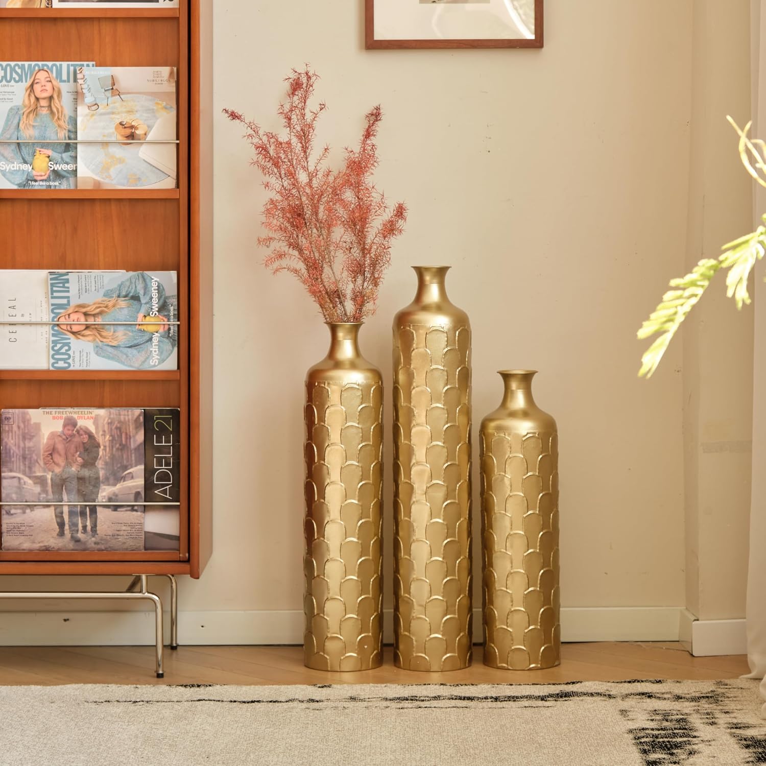 Gold Standing Vase for Floor 3 Piece Floor Vase Sets Living Room Decor Tall Large Metal Vases with Growing Vine Patterns 25.2'/29.33'/34.25' Height