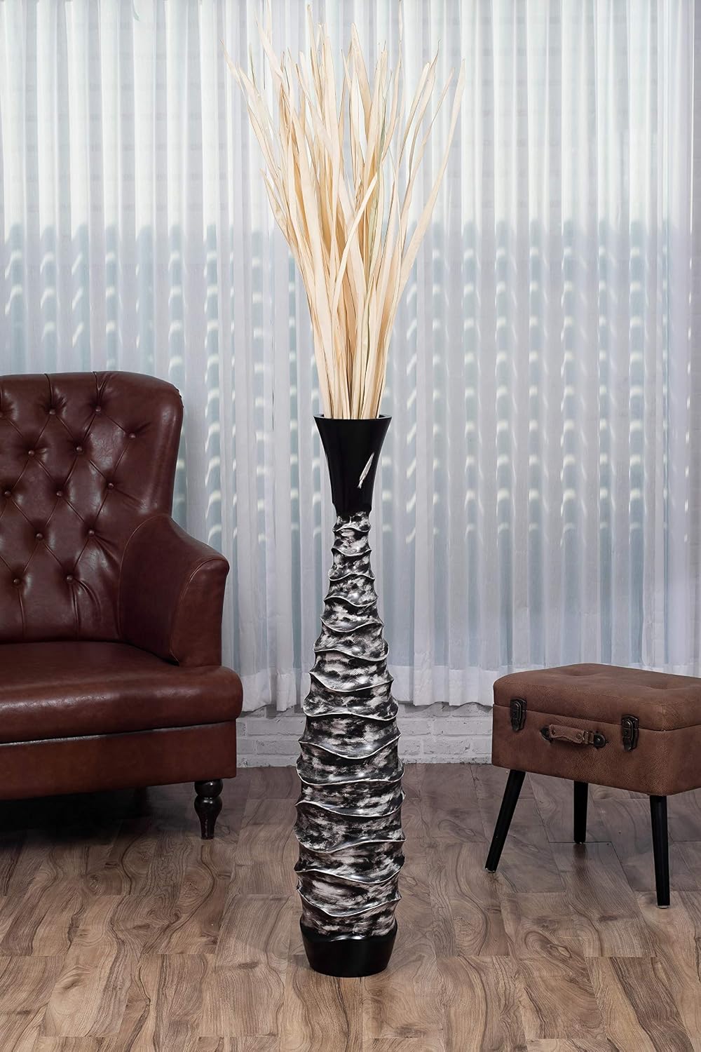 Leewadee Large Black White Home Decor Floor Vase – Wooden 43 inches Tall Farmhouse Decor Flower Holder for Fake Plant and Pampas Grass