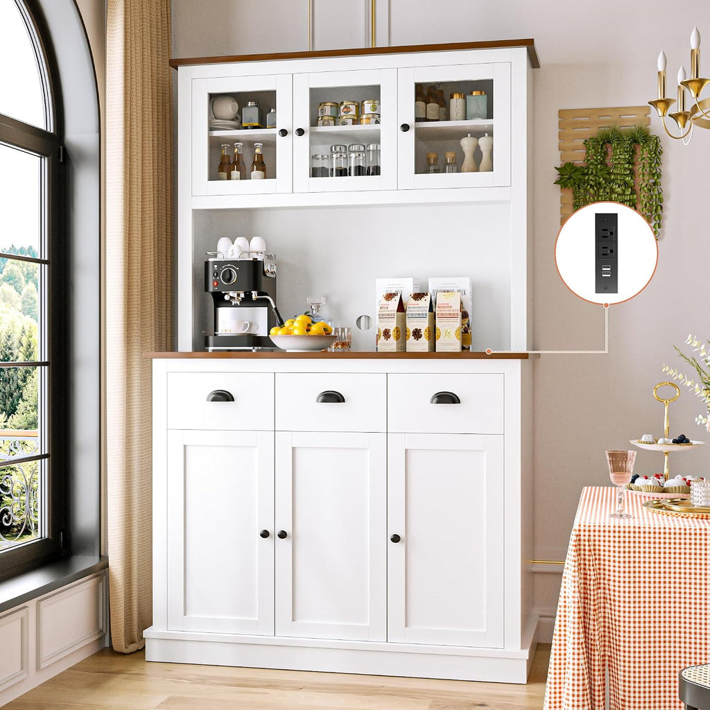 MU 71' Kitchen Pantry Cabinet with Charging Station, Tall Pantry Hutch with Drawers, Countertop & Microwave Shelf, Food Storage Cabinet for Dining Room & Coffee Bar, White