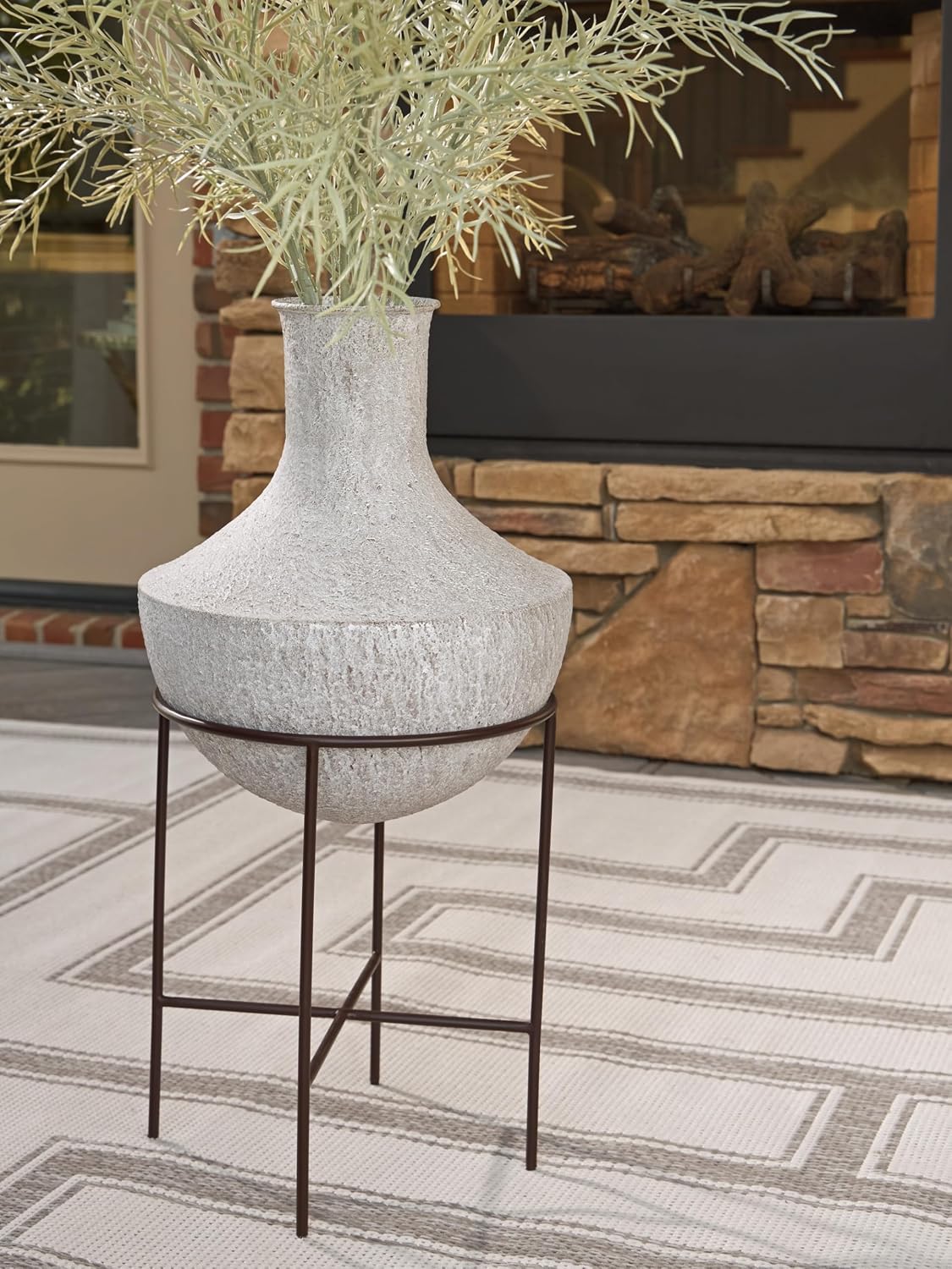 Signature Design by Ashley Estonbank Vase, Distressed Cream Metal Floor Vase with Espresso Brown Stand, for Faux Florals & Seasonal Indoor Outdoor Decor, 14.13' W x 14.13' D x 28.5' H