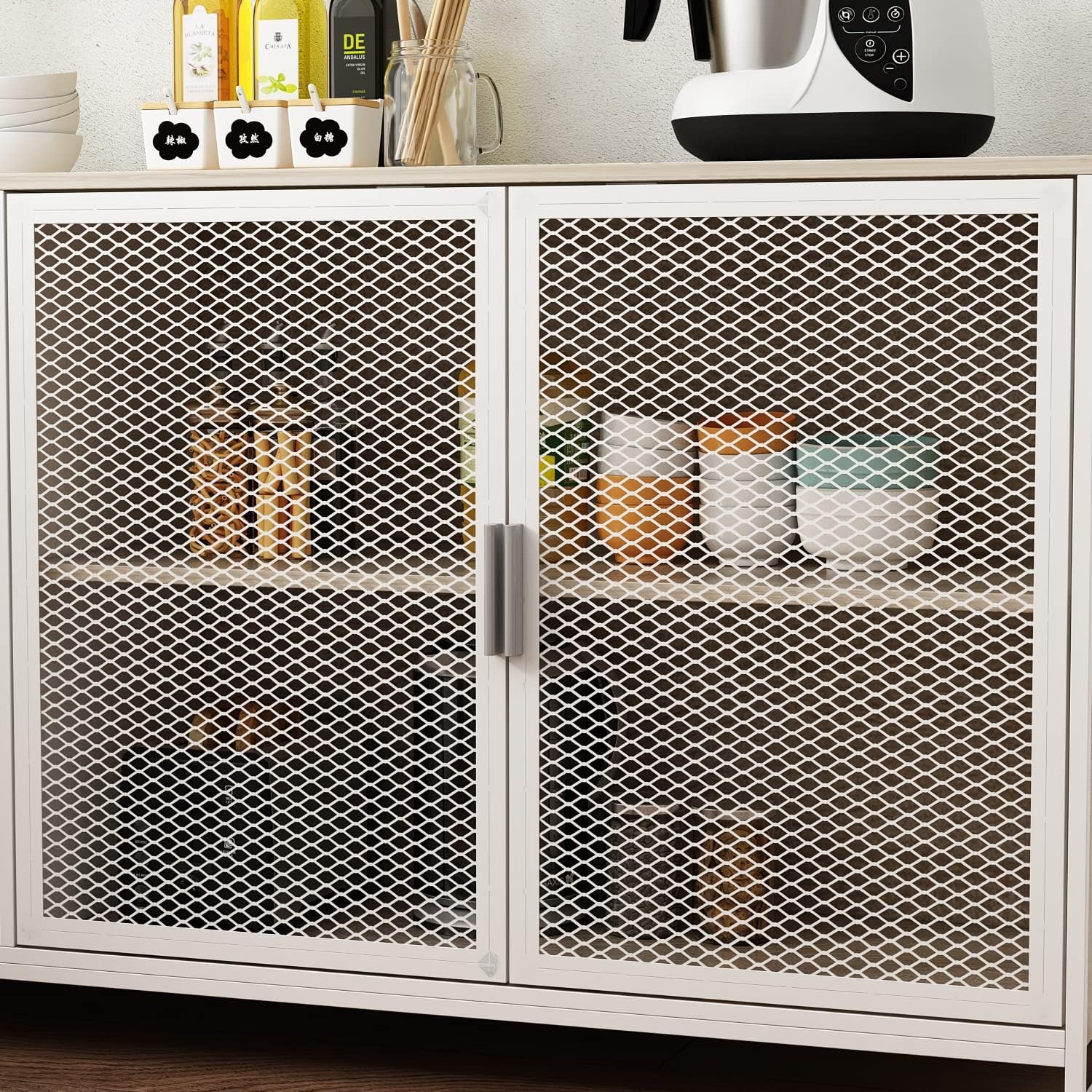 ECACAD Modern Wood Sideboard Buffet Storage Cabinet with Hutch, 3 Metal Mesh Doors, 3 Drawers & 5 Compartments, Kitchen Pantry Cupboard Console Table for Living Room, Dining Room, Light Oak