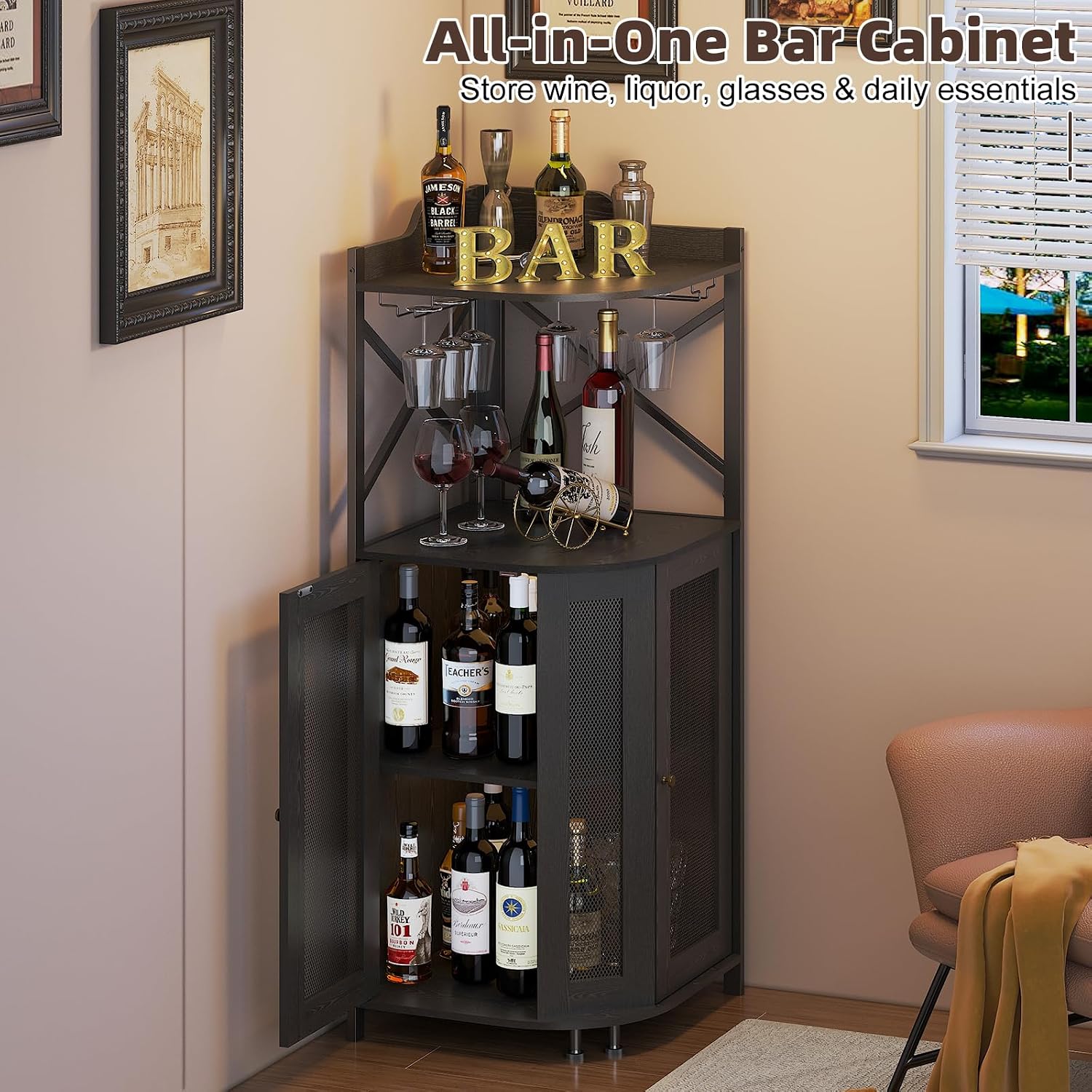 JKsmart Corner Bar Cabinet with LED Lights,4-Tier Wine Bar Cabinet with Glass Holder,Industrial Liquor Cabinet with Door and Shelf,Farmhouse Home Bar for Liquor Wine Coffee Storage,Black