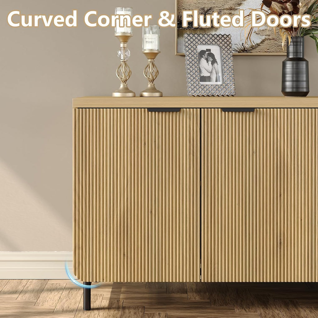Furniouse Buffet Cabinet with Storage 66.2''W Modern Sideboard with 4 Fluted Doors & Shelves Wood Kitchen Buffet Table Fluted Cabinet for Living Room, Natural Oak
