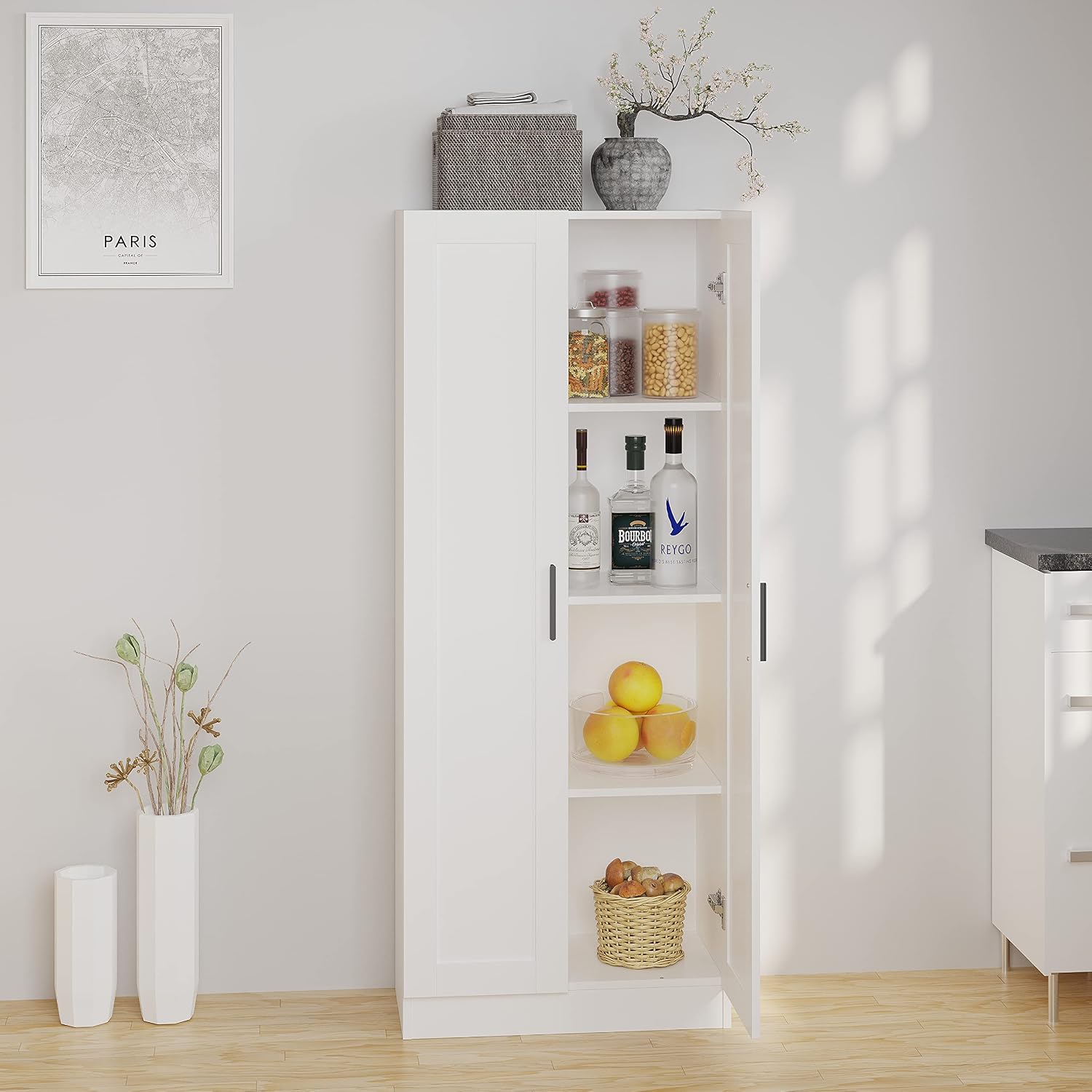 Panana Wooden Storage Cabinet, Narrow Pantry Cabinets Free Standing Tall Storage Cabinet with 2 Doors and Shelves (White)