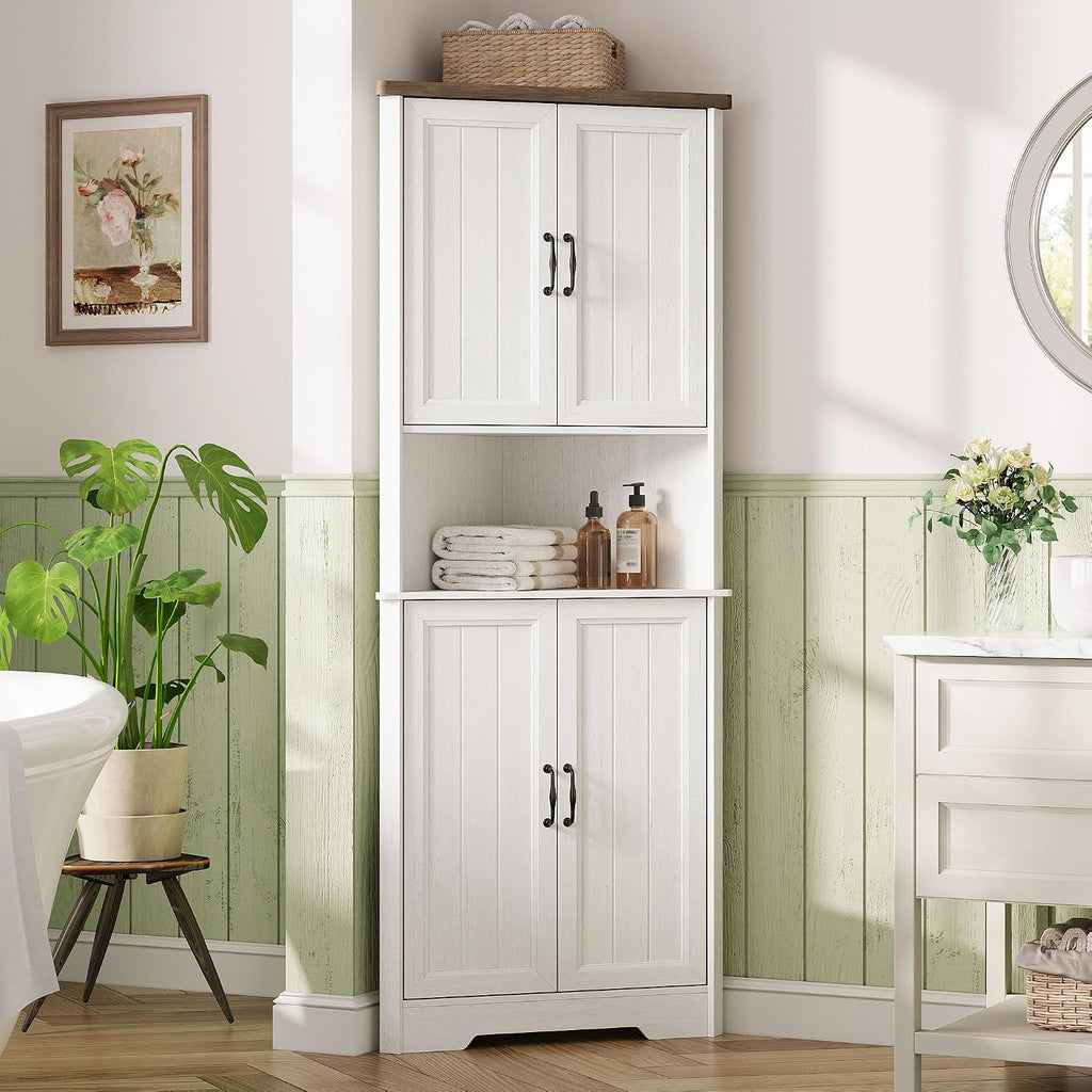 Vabches Tall Corner Cabinet, Corner Bathroom Cabinet, 67' Farmhouse Storage Cabinet with 4 Doors and Adjustable Shelves, Home Space Saver for Bathroom, Kitchen, Living Room, Pantry, Distressed White