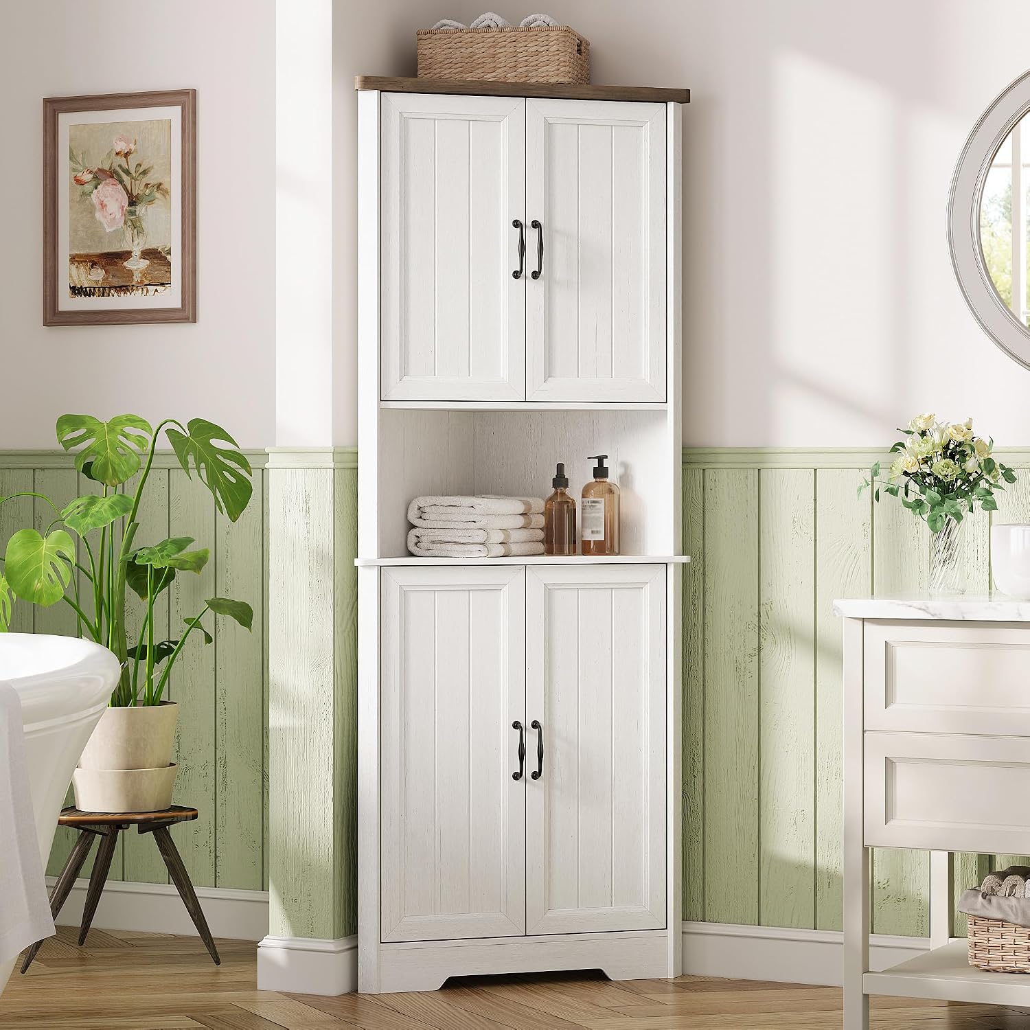 Vabches Tall Corner Cabinet, Corner Bathroom Cabinet, 67' Farmhouse Storage Cabinet with 4 Doors and Adjustable Shelves, Home Space Saver for Bathroom, Kitchen, Living Room, Pantry, Distressed White