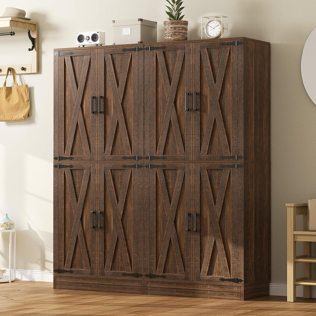 Unikito 71' Tall Kitchen Pantry Cabinet with Farmhouse Barn Doors and Storage Drawer, 8 Adjustable Shelves, Freestanding Cupboard for Dining Room, Living Room, Utility Room, Weathered Brown 2 Pack