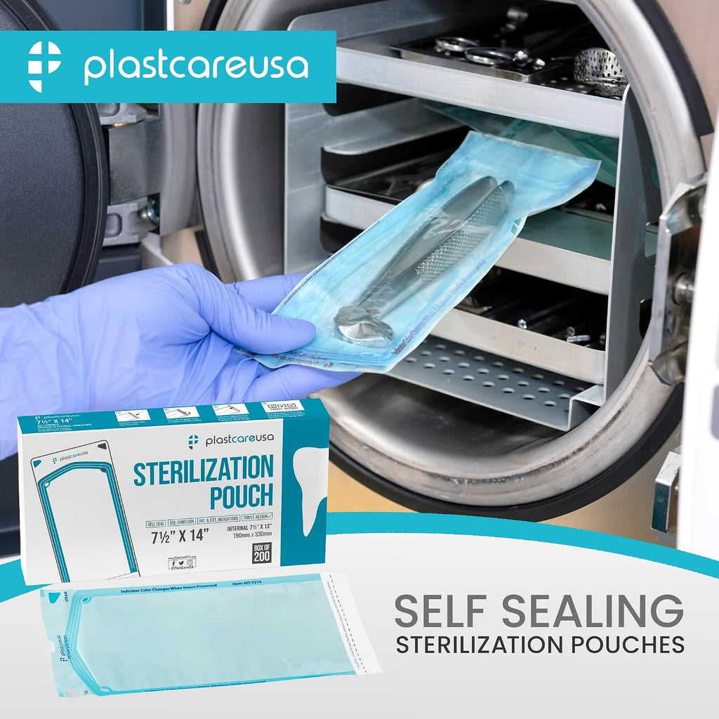 1000 7.5 X 13 Self Sealing Sterilization Pouches - Autoclave Sterilizer Bags Pouch for Sterilizing Dental Medical Instruments and Cleaning Tools - Latex-Free, Color Changin Indicator by PlastCare USA