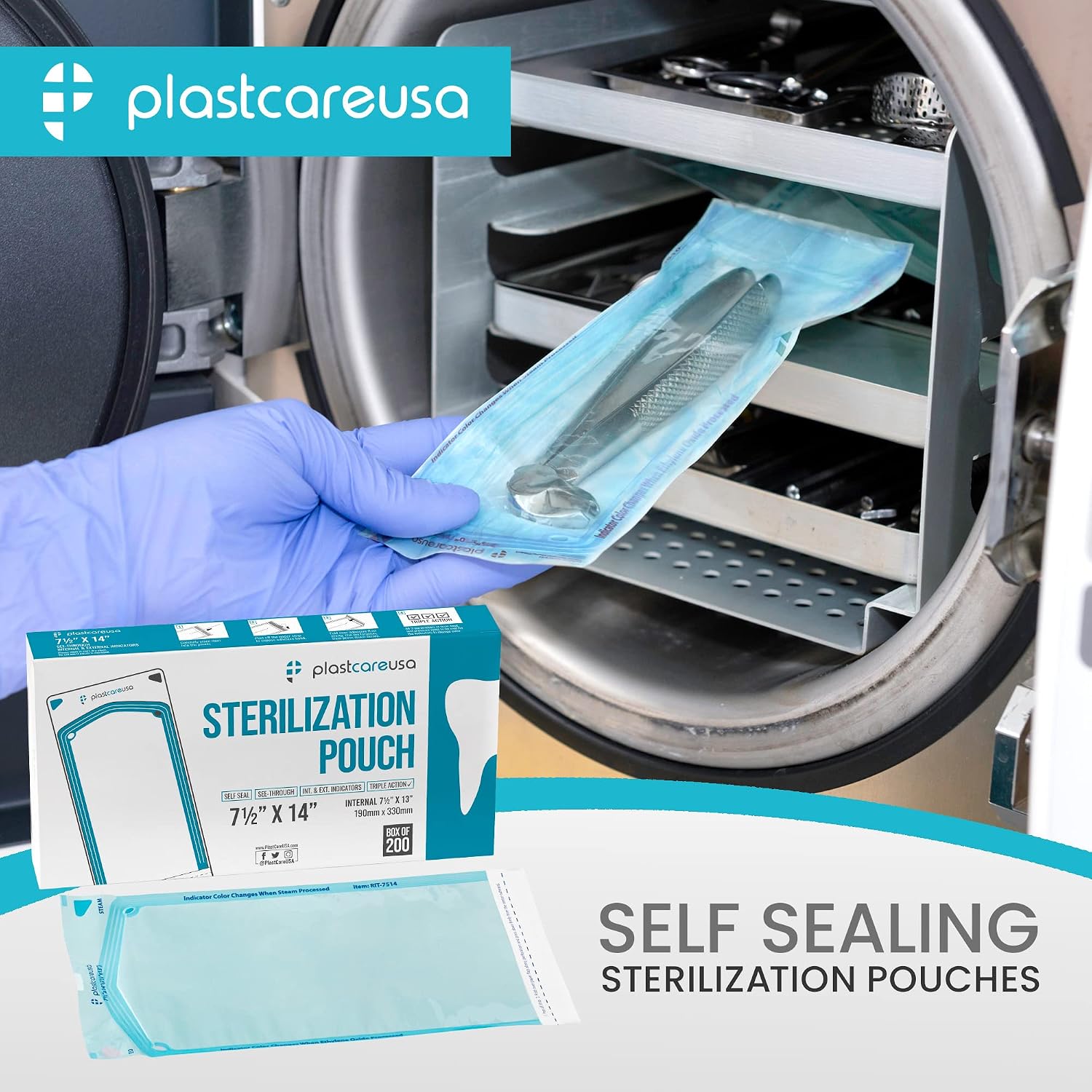 1000 7.5 X 13 Self Sealing Sterilization Pouches - Autoclave Sterilizer Bags Pouch for Sterilizing Dental Medical Instruments and Cleaning Tools - Latex-Free, Color Changin Indicator by PlastCare USA