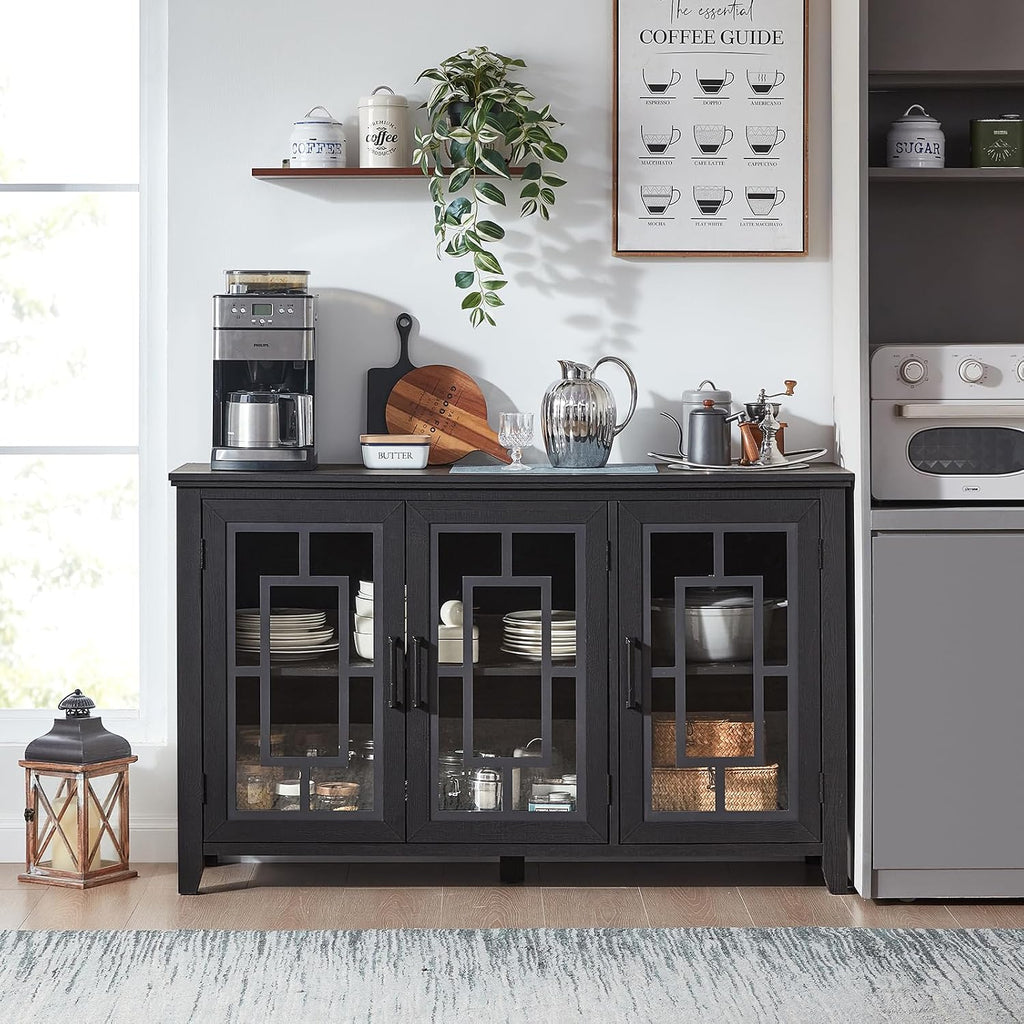 Joaxswe Large Sideboard Buffet Cabinet with Storage, 55' Farmhouse Black Kitchen Coffee Wine Bar Cabinet with 3 Glass Doors, Wood Mid Century Modern Side Board Table for Dining Room, Living Room