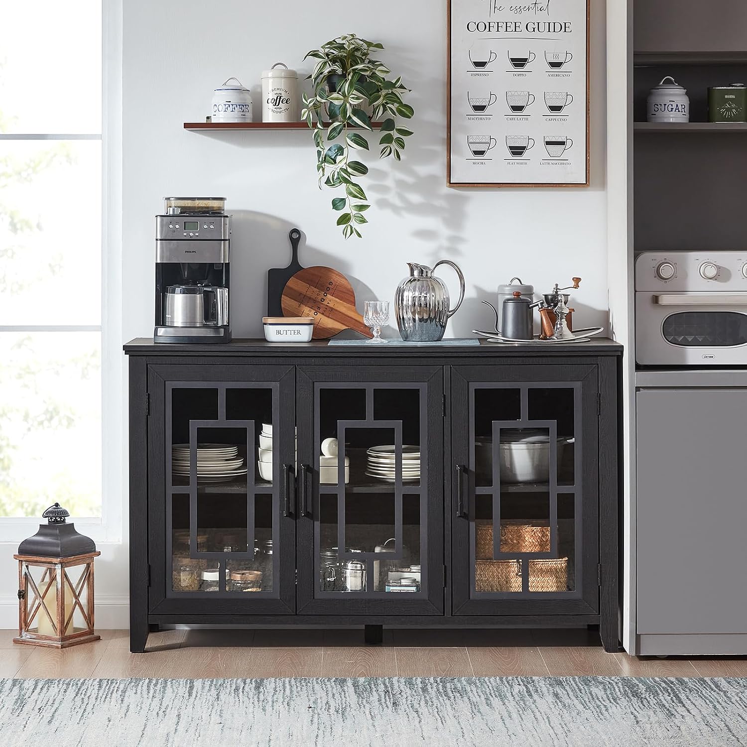 Joaxswe Large Sideboard Buffet Cabinet with Storage, 55' Farmhouse Black Kitchen Coffee Wine Bar Cabinet with 3 Glass Doors, Wood Mid Century Modern Side Board Table for Dining Room, Living Room