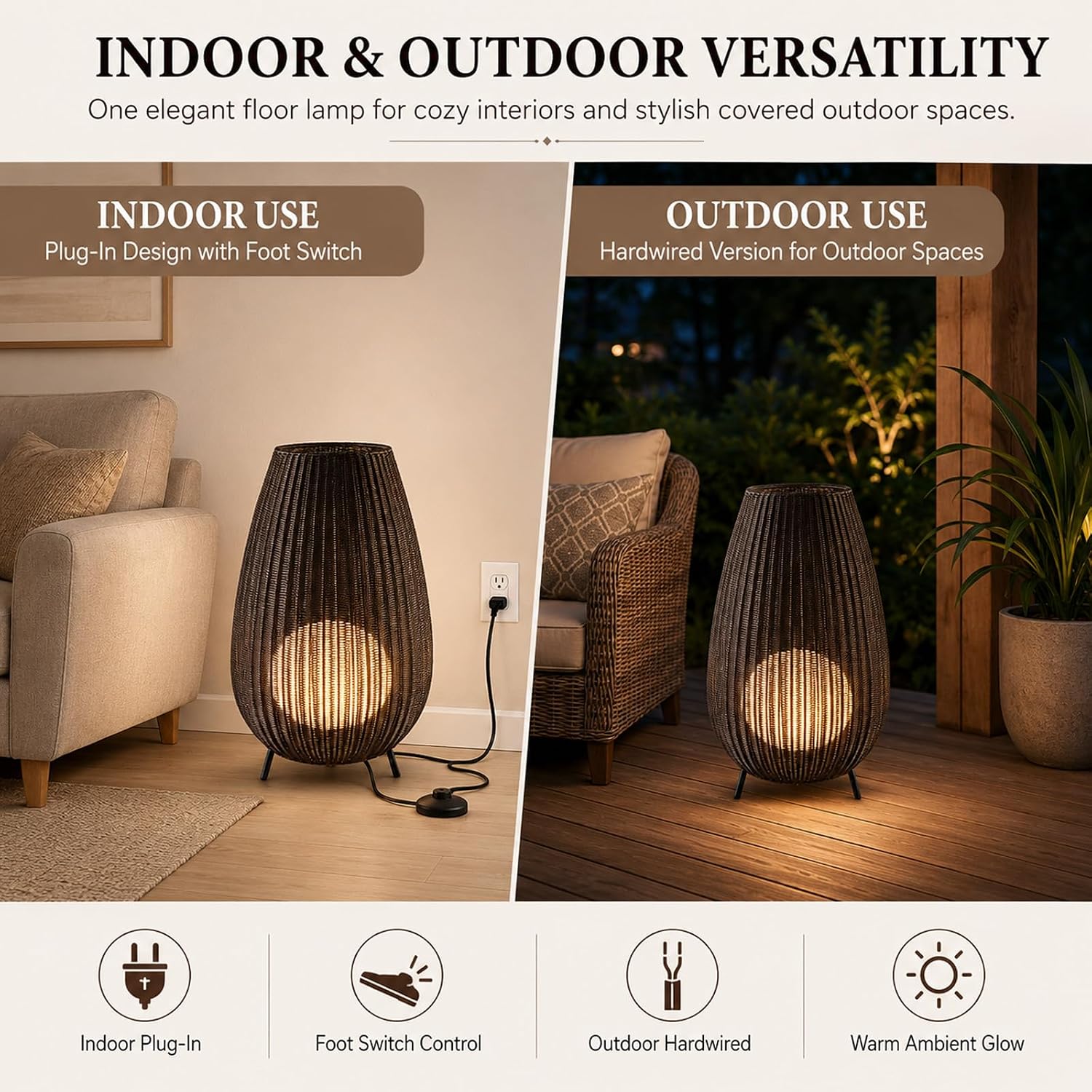 MIXL-Coffee Brown Rattan Floor Lamp,Waterproof Outdoor Patio Lamps with Globe Shade,Wicker Shade Indoor & Outdoor Floor Lamp for Garden Lawn and Living Room