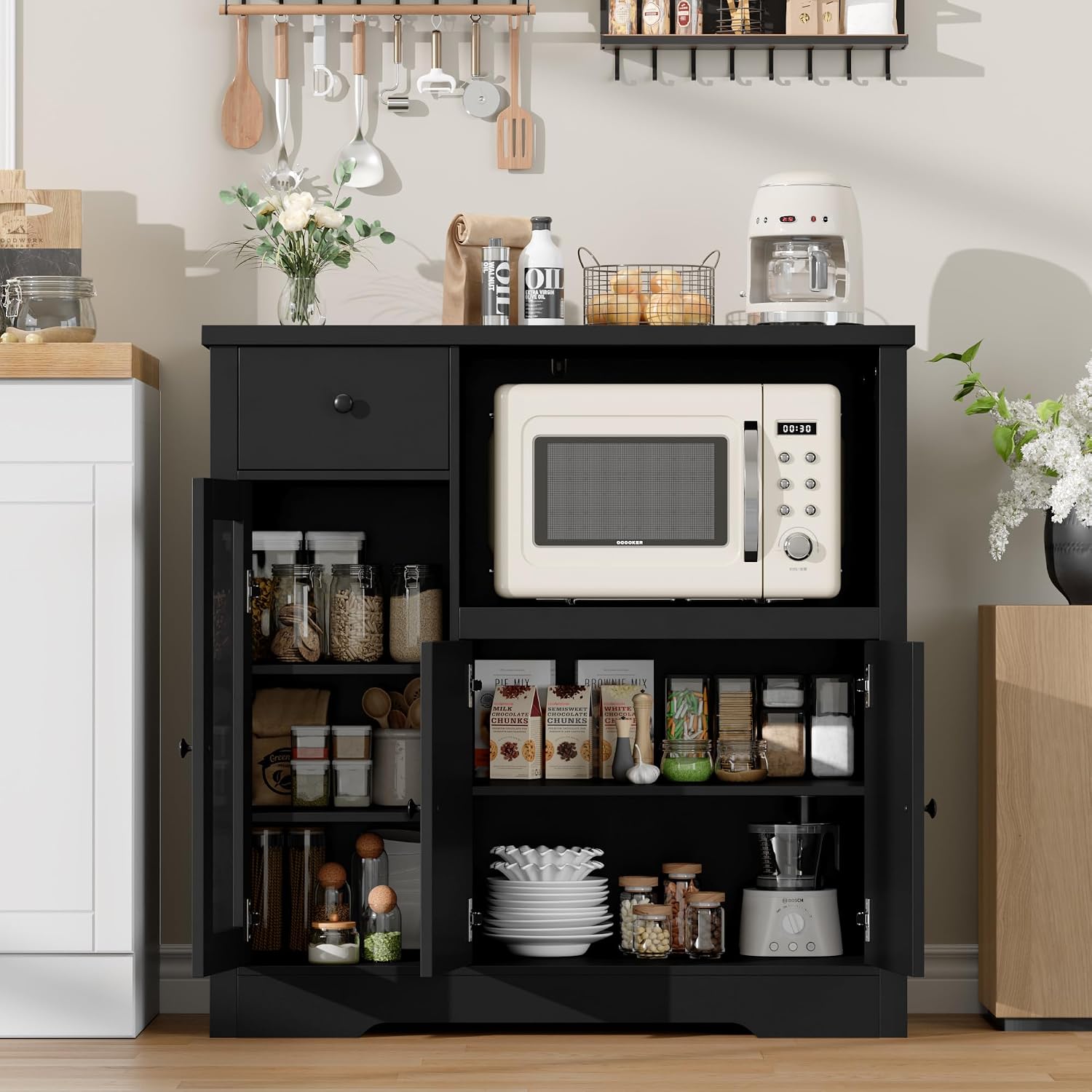 Senfot Kitchen Microwave Cabinet with Storage and Drawers, Modern Small Buffet Cabinet with Glass Doors and Adjustable Shelf, Wooden Sideboard with Wide Top for Dining Room, Living Room, Black