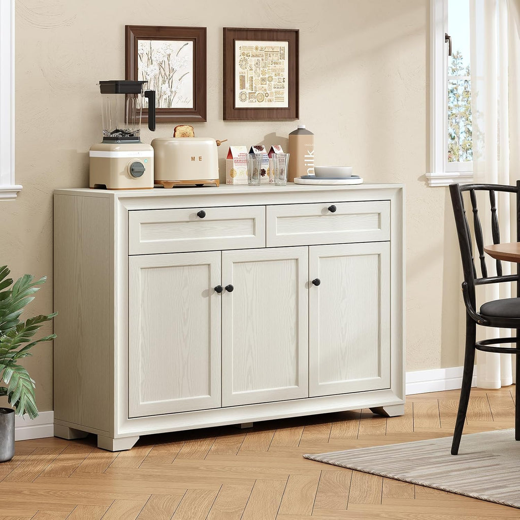 ONBRILL 48 Inches Sideboard Buffet Cabinet with Storage, Farmhouse Sideboard with 2 Drawers and 3 Doors, Wood Coffee Bar Cabinet with Adjustable Shelves for Living Room, Kitchen, Hallway, White