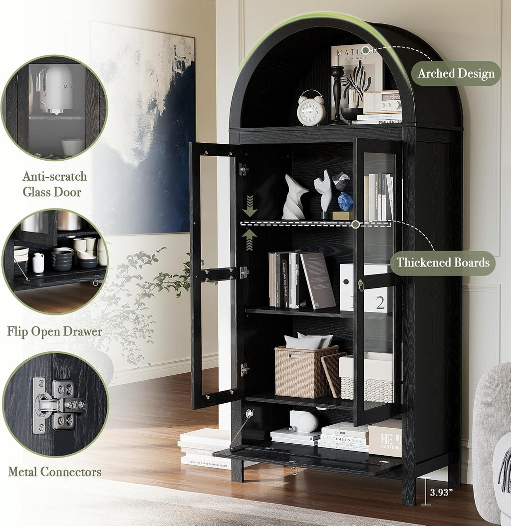 71' Tall Arched Kitchen Pantry Cabinet, Modern Farmhouse Hutch Storage Cabinets with Large Drawer and Glass Doors for Kitchen, Dining Room, Living Room, Black