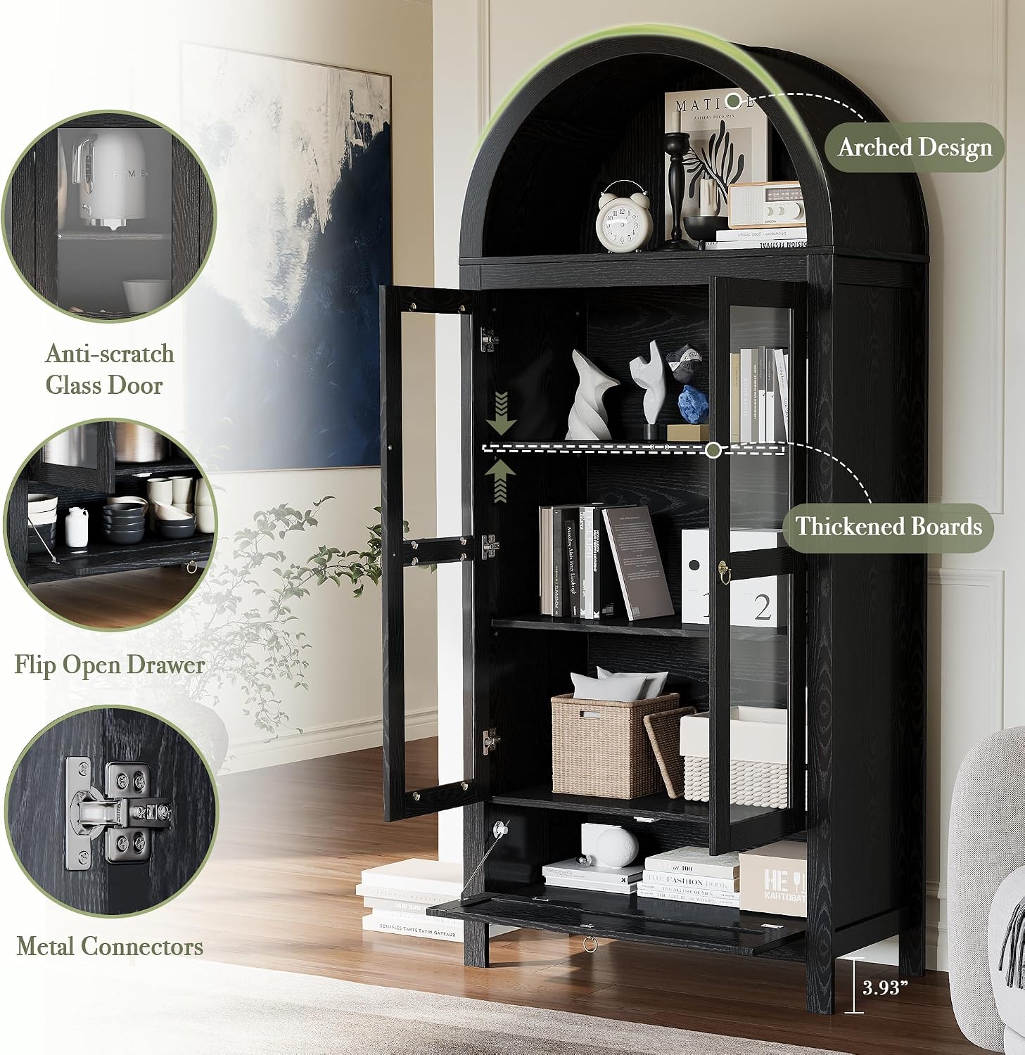 71' Tall Arched Kitchen Pantry Cabinet, Modern Farmhouse Hutch Storage Cabinets with Large Drawer and Glass Doors for Kitchen, Dining Room, Living Room, Black