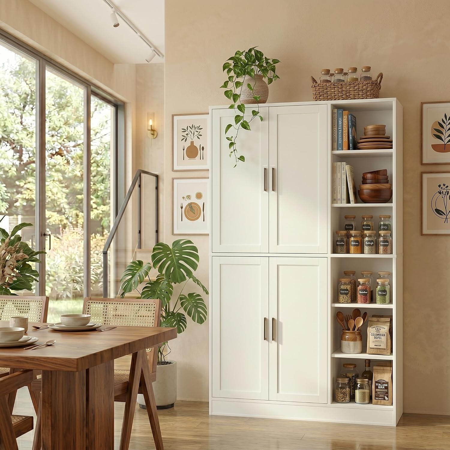holzart 63' Tall Kitchen Pantry Cabinet, Freestanding Dining Room Storage Hutch with 4 Doors and Adjustable Shelves, Modern Utility Cupboard for Coffee Bar and Microwave, White