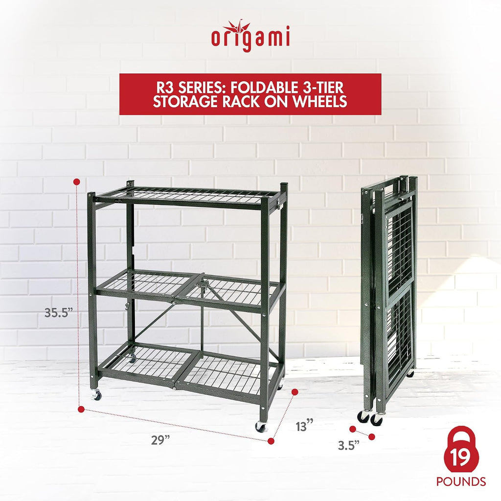 Origami 2 Pack 3 Tier Folding Shelves, Storage Shelving Rack Unit with Wheels, Pewter