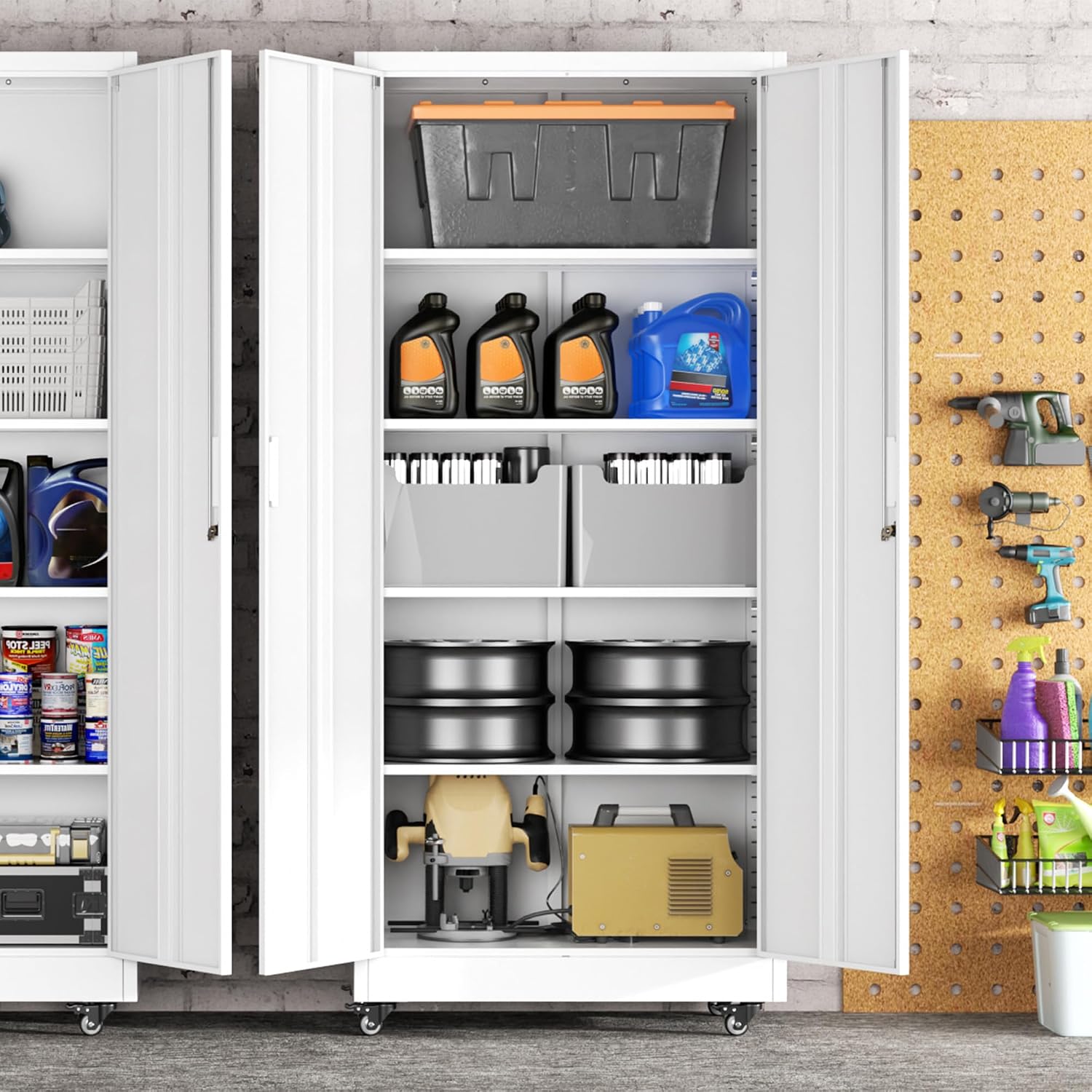 Greenvelly 73' Rolling Storage Cabinet,White Metal Garage Cabinet with Locking Doors and 4 Adjustable Shelves for Home,Kitchen,Office,Warehouse(32' W x 16' D,Wheels)