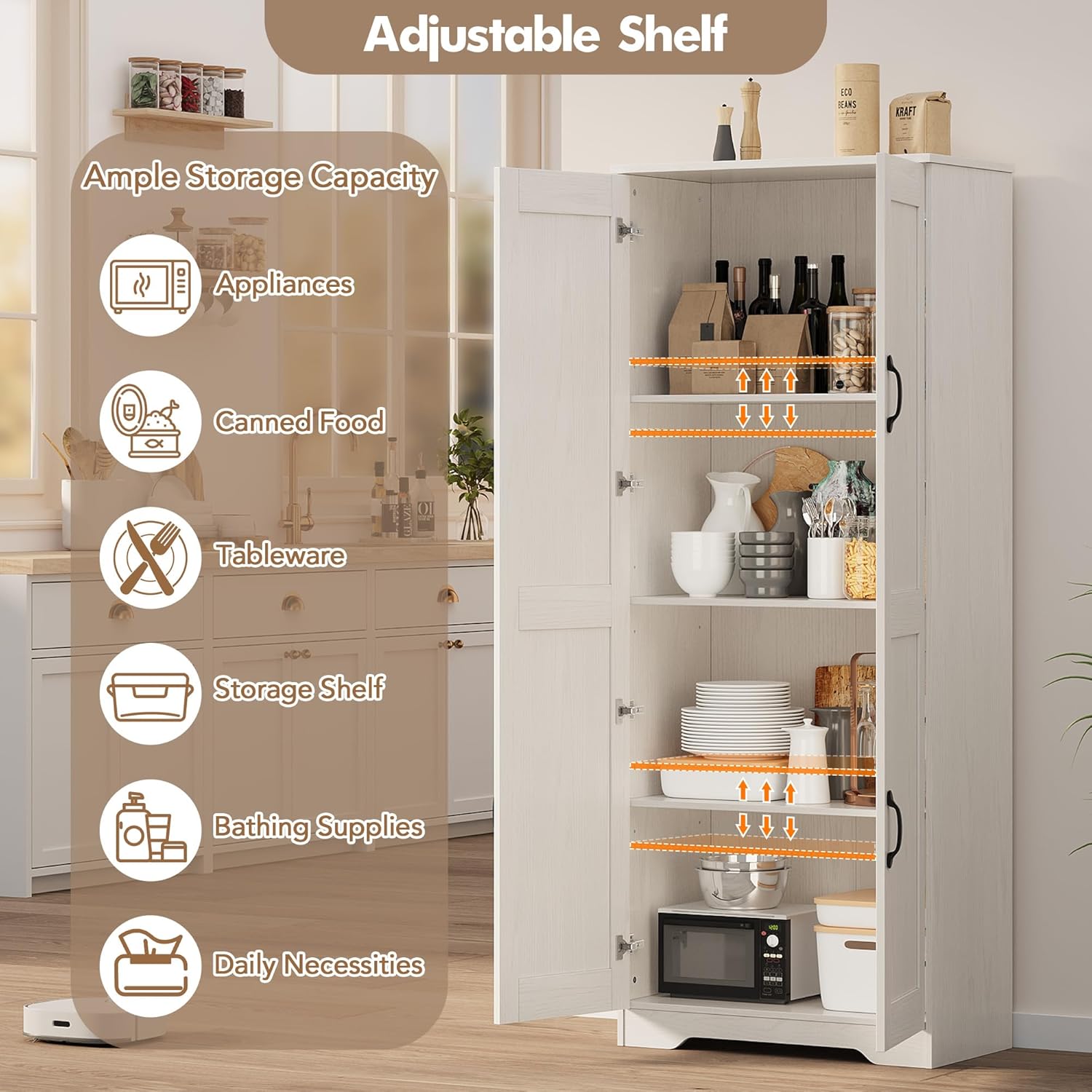 IDEALHOUSE Tall Pantry Cabinet, 60' Kitchen Pantry Storage Cabinet with 2 Doors and Adjustable Shelves, Freestanding Kitchen Cabinet, Cupboard for Dining Room, Bathroom (White)
