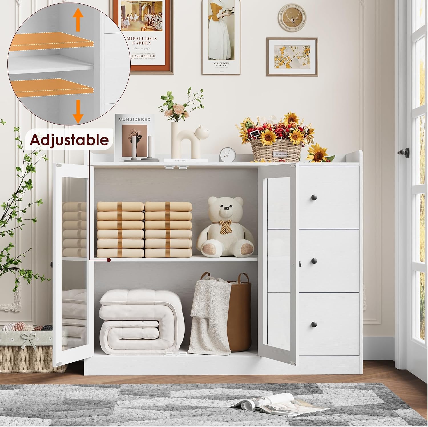 GarveeHome 35 in Kitchen Hutch Storage Cabinet, Coffee Bar Cabinet with 3 Drawers, Freestanding Food Pantry with Countertop for Living Dining Room (White, Low Cabinet)