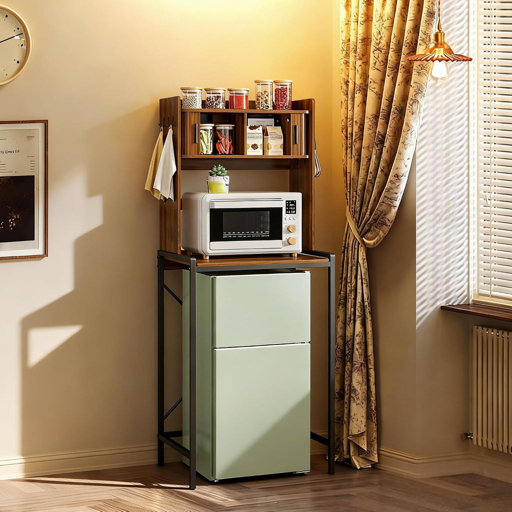 Mini Fridge Stand with Sliding Doors Storage, Microwave Stand and Baker's Rack with 6 Hooks, 4-Tier Mini Fridge Cabinet for Dorm, Home, Office, Kitchen, Walnut Wood