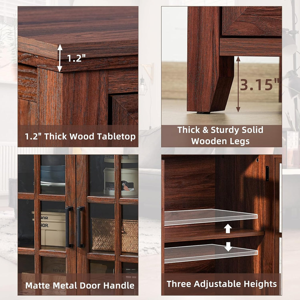 Large Sideboard Buffet Cabinet with Storage, 32' Farmhouse Brown Kitchen Coffee Wine Bar Cabinet with 2 Glass Doors, Wood Mid Century Modern Side Board Table for Dining Room, Living Room (2PCS)