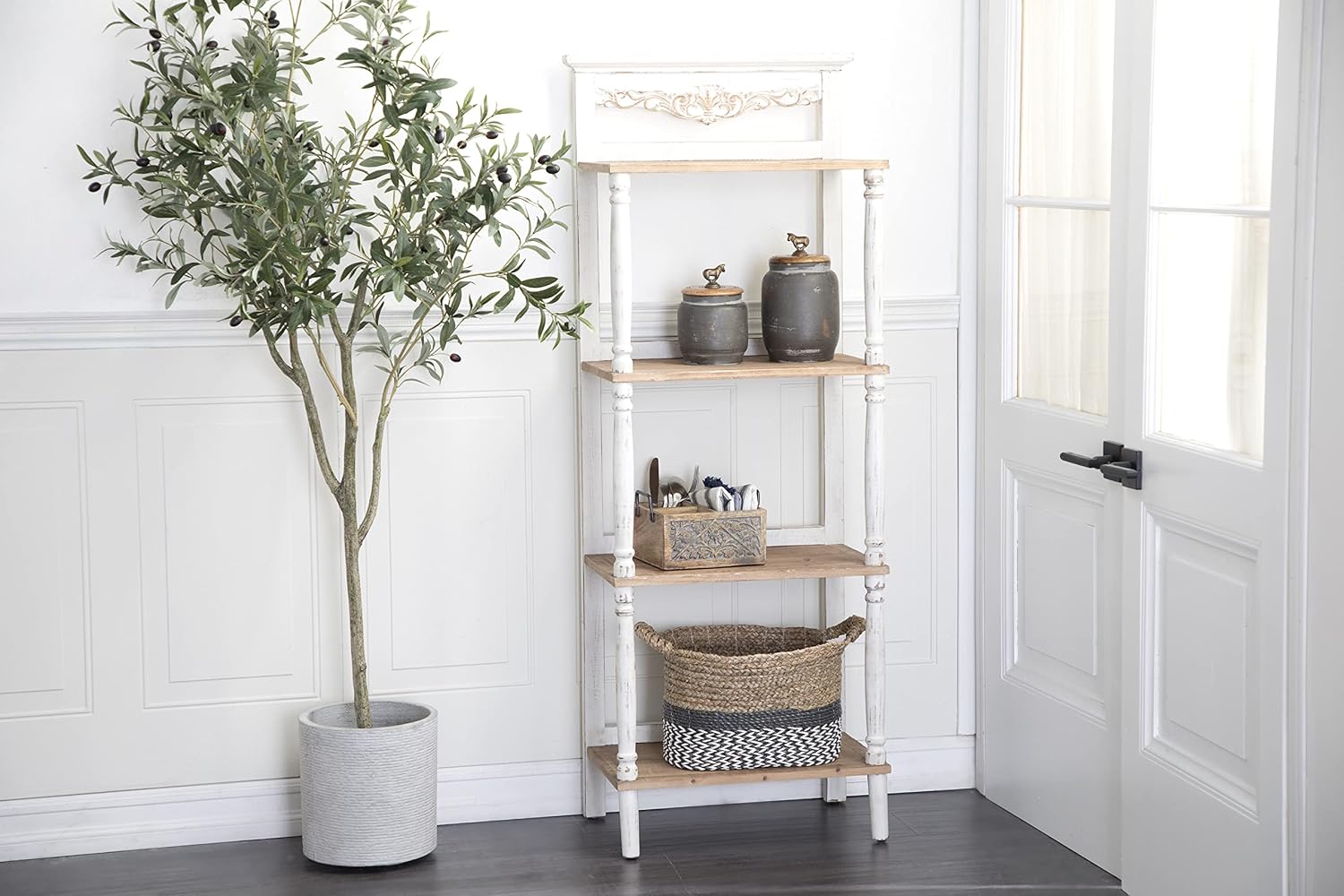 Deco 79 Wood Floral Intricately Carved 4 Shelf Shelving Unit, 22' x 13' x 57', White