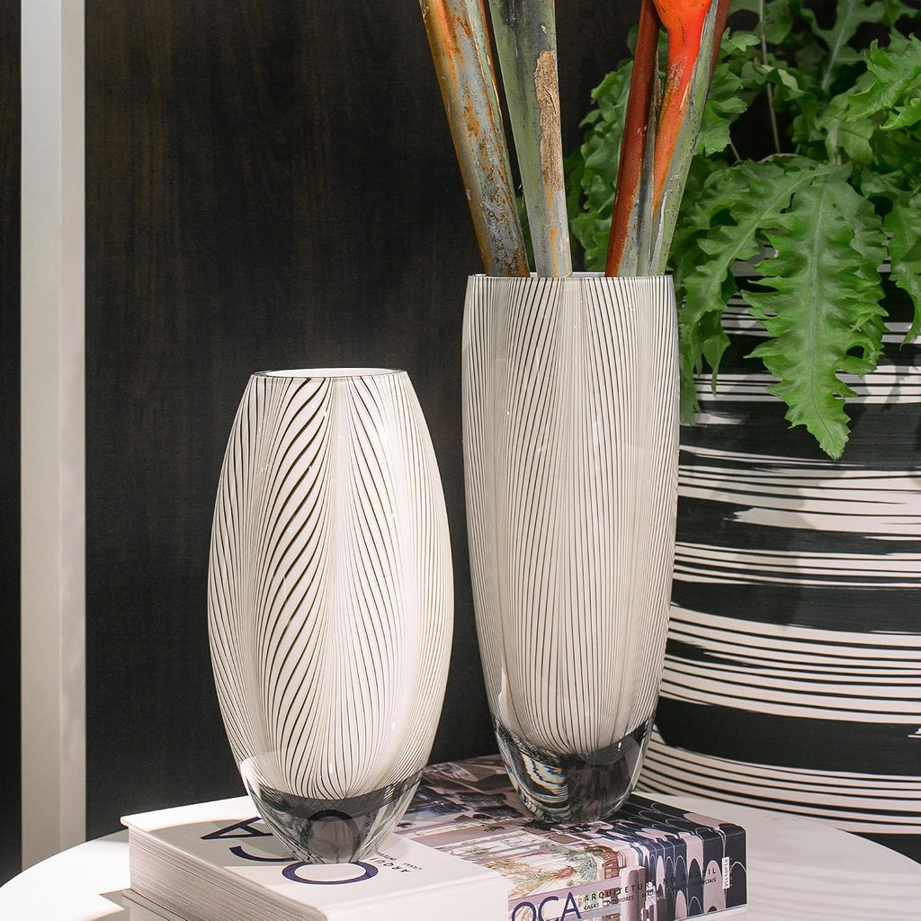 Ca D Oro Glass Vase White Feather Pattern Hand Blown Murano-Style Art Glass - Model 54 MS
