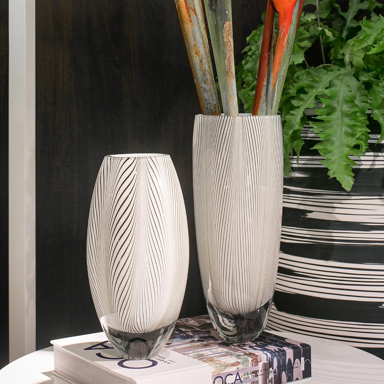 Ca D Oro Glass Vase White Feather Pattern Hand Blown Murano-Style Art Glass - Model 54 MS