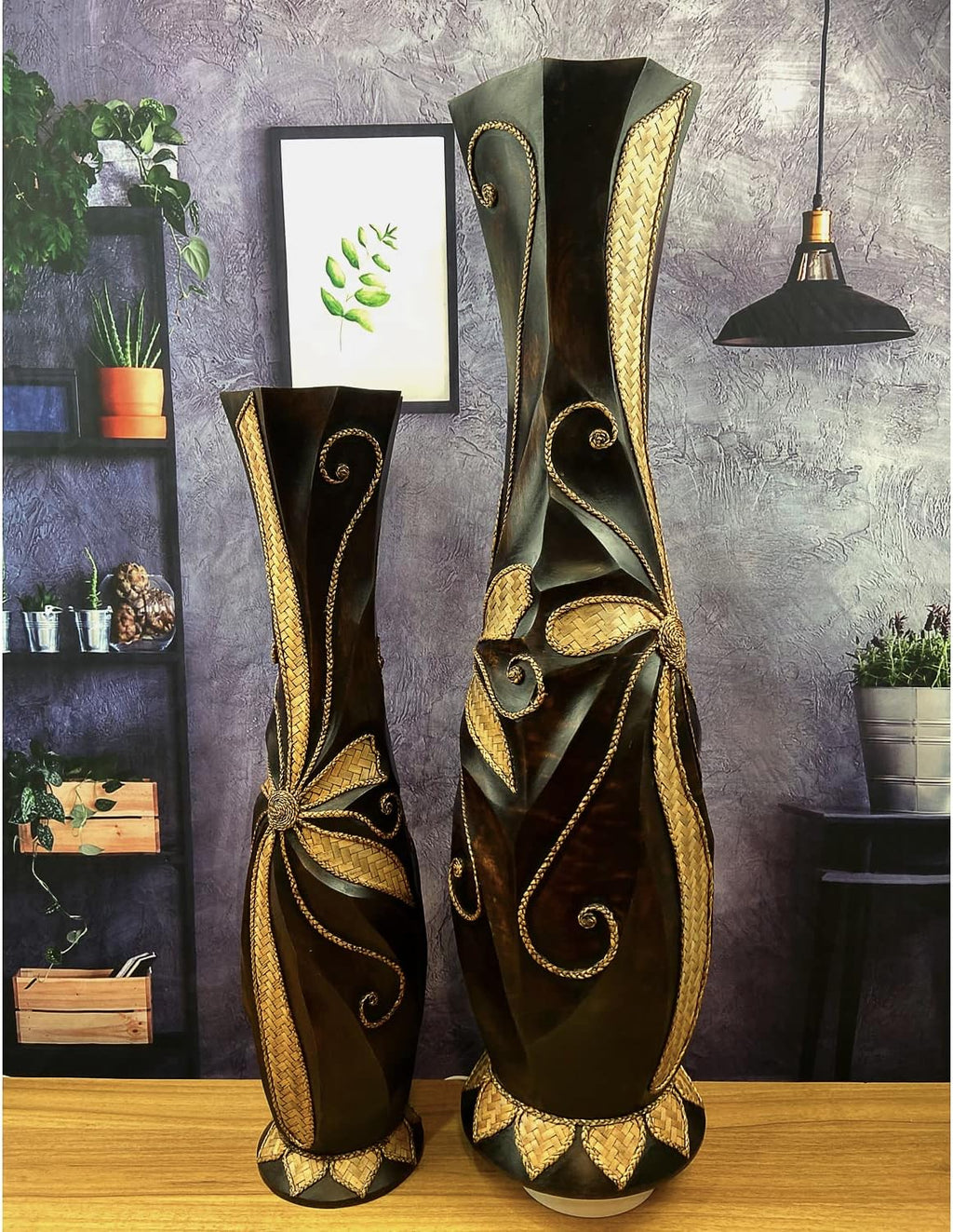 32'' Extra Large Tall Floor Vase, Solid Wood Decorative Floor Vases with Wide Mouth Opening for Home Decor, Living Room, Bedroom Pampas Grass