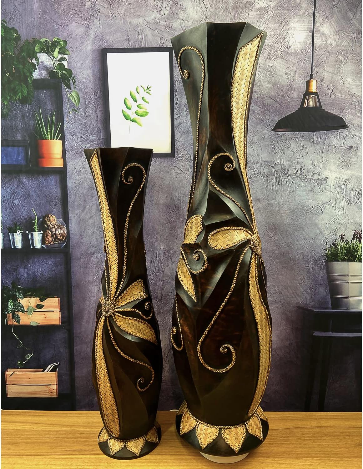 32'' Extra Large Tall Floor Vase, Solid Wood Decorative Floor Vases with Wide Mouth Opening for Home Decor, Living Room, Bedroom Pampas Grass