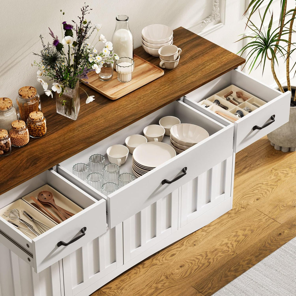 Gizoon Sideboard Buffet Cabinet with Storage, Modern Kitchen Sideboard and Coffee Bar with Drawers and Doors, Wood Buffet Table for Dining Room, 15.2' D x 55.1' W x 31.9' H, White/Rustic Brown