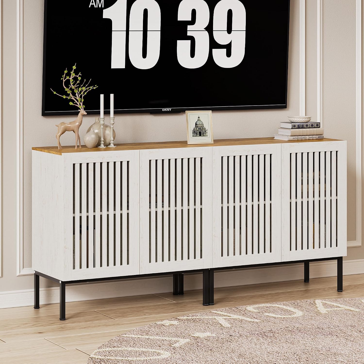 BVIUNTWO Set of 2 White Farmhouse Buffet Cabinet with Storage,Metal Base Console Table with Adjustable Shelves & 4 Doors, Antique White Sideboard for Kitchen, Dining Room, Living Room